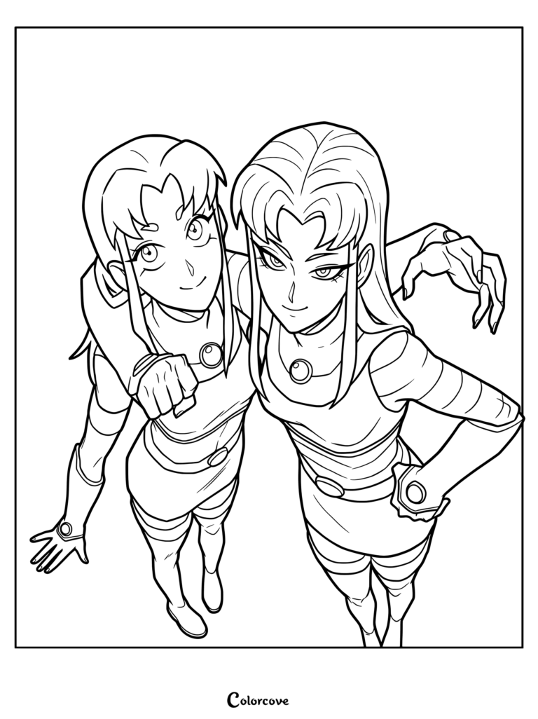 Coloriage de Starfire et Blackfire montrant les deux sœurs posant ensemble vues d'en haut en dessin au trait.