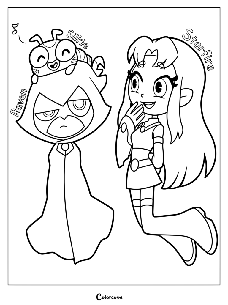 Page de coloriage de Starfire, Raven et Soyeuse mettant en vedette les personnages de Teen Titans