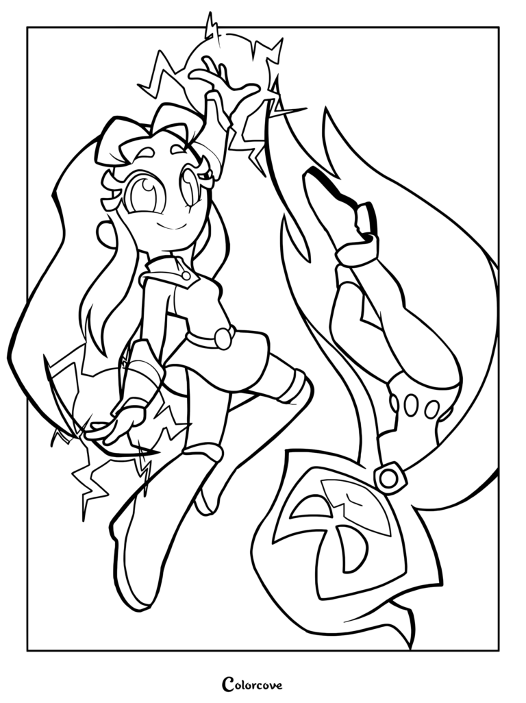 Coloriage de Starfire et Raven présentant Starfire maniant des éclairs et Raven flottant la tête en bas
