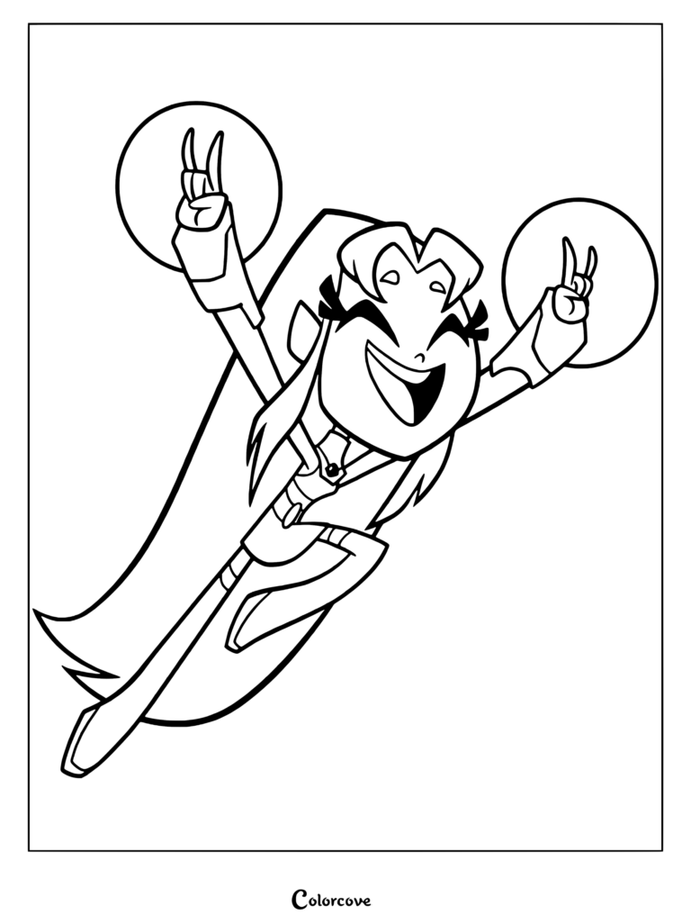 Coloriage à imprimer de Starfire volant joyeusement avec des sphères d'énergie lumineuses.