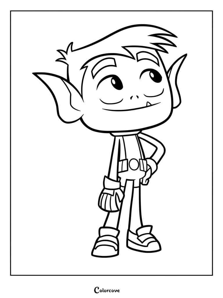 Coloriage de Beast Boy de Teen Titans souriant, les mains sur les hanches