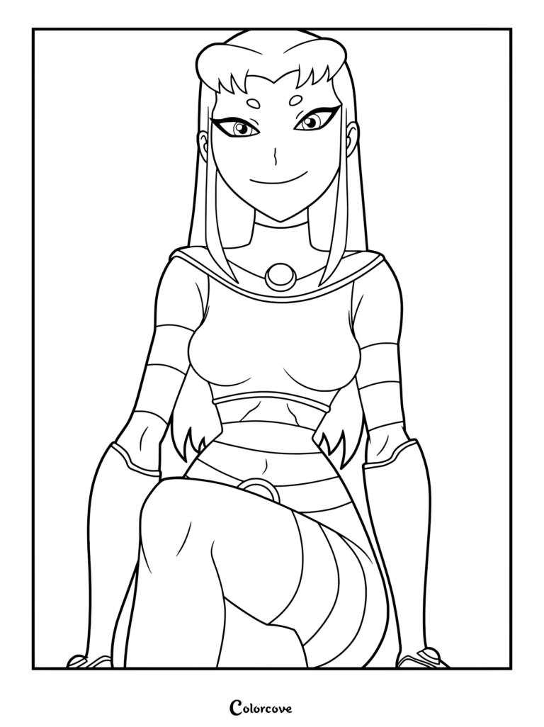 Coloriage à imprimer de Blackfire, la sœur aînée et rivale de Starfire dans la série animée Teen Titans, affichant un sourire confiant.