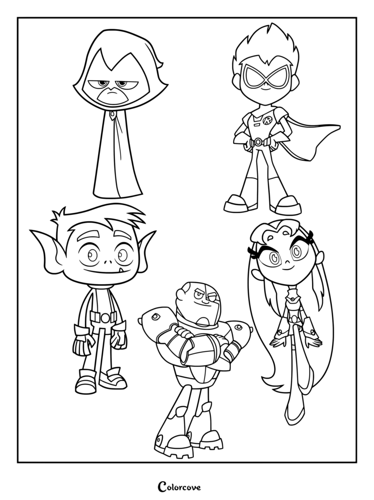 Coloriage présentant l'équipe principale de super-héros de la série animée Teen Titans Go!, avec Robin, Raven, Beast Boy, Cyborg et Starfire en dessin au trait noir et blanc.