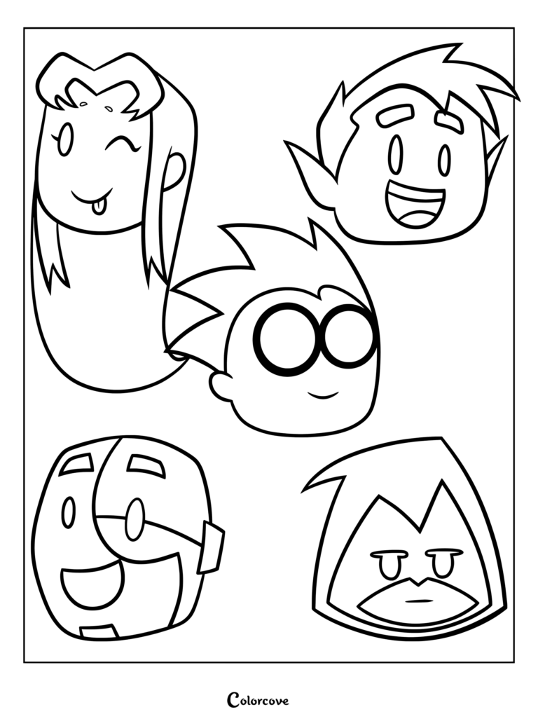 Coloriage représentant les portraits dessinés minimalistes et stylisés des personnages principaux de Teen Titans Go!