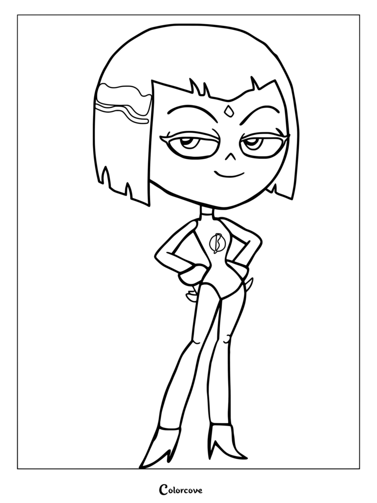 Coloriage de Raven de Teen Titans Go! sous son identité de super-héroïne alternative Lady Legasus, concentrée sur le combat mains-jambes