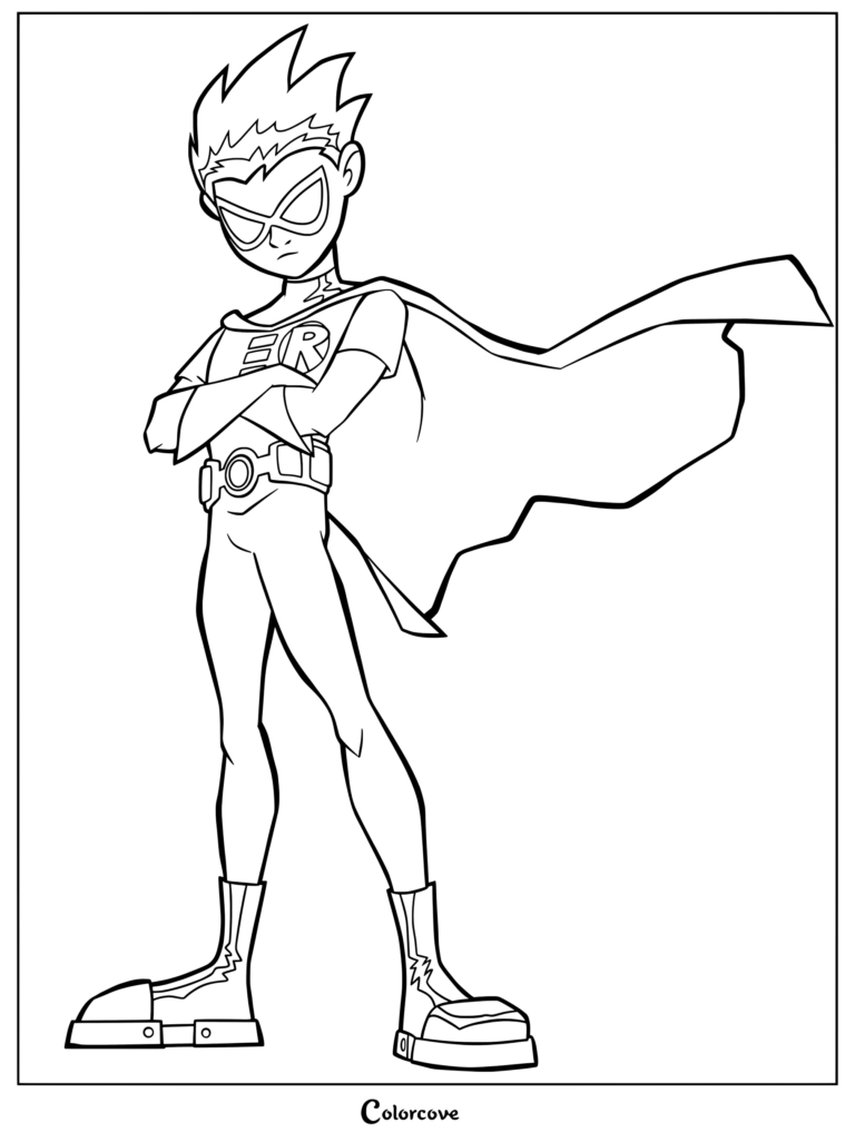 Coloriage à imprimer de Robin de la série animée Teen Titans de 2003, posant les bras croisés dans son uniforme classique.