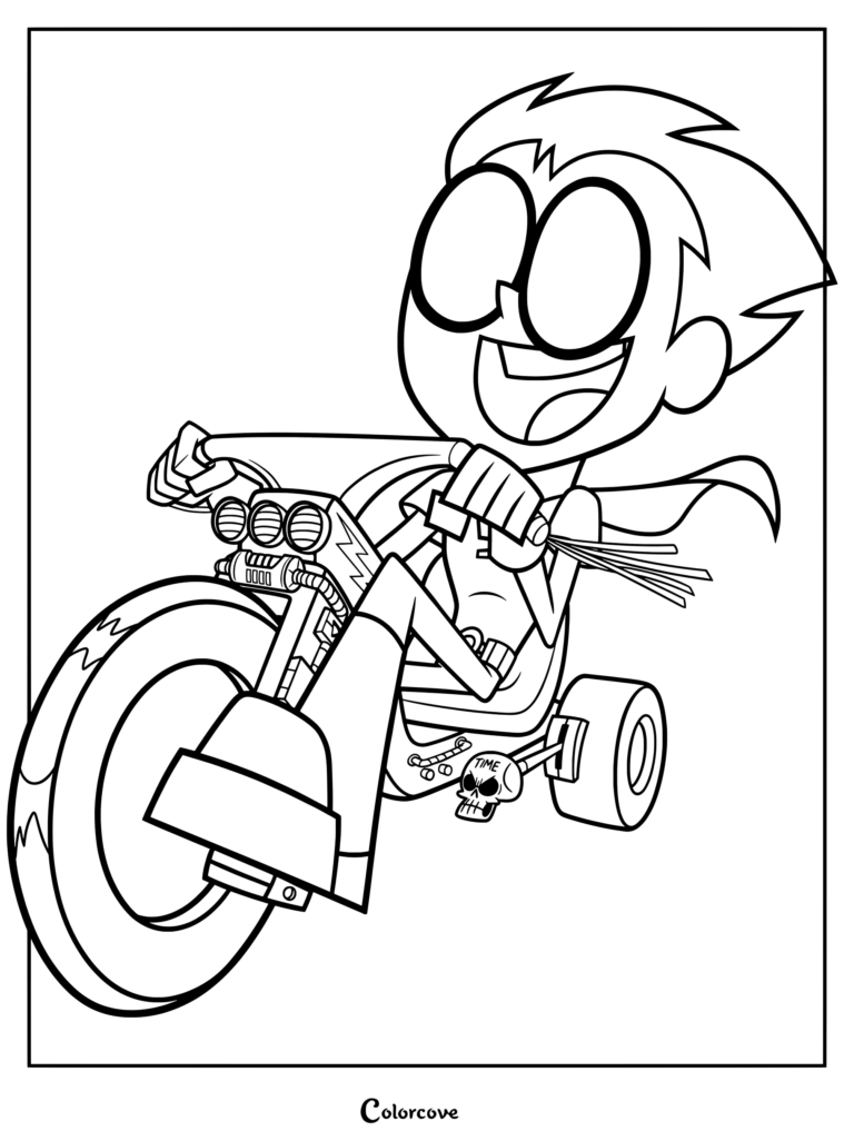 Coloriage de Robin de Teen Titans Go! pilotant un tricycle motorisé rapide et personnalisé, équipé d'un guidon, de phares et d'accessoires décoratifs