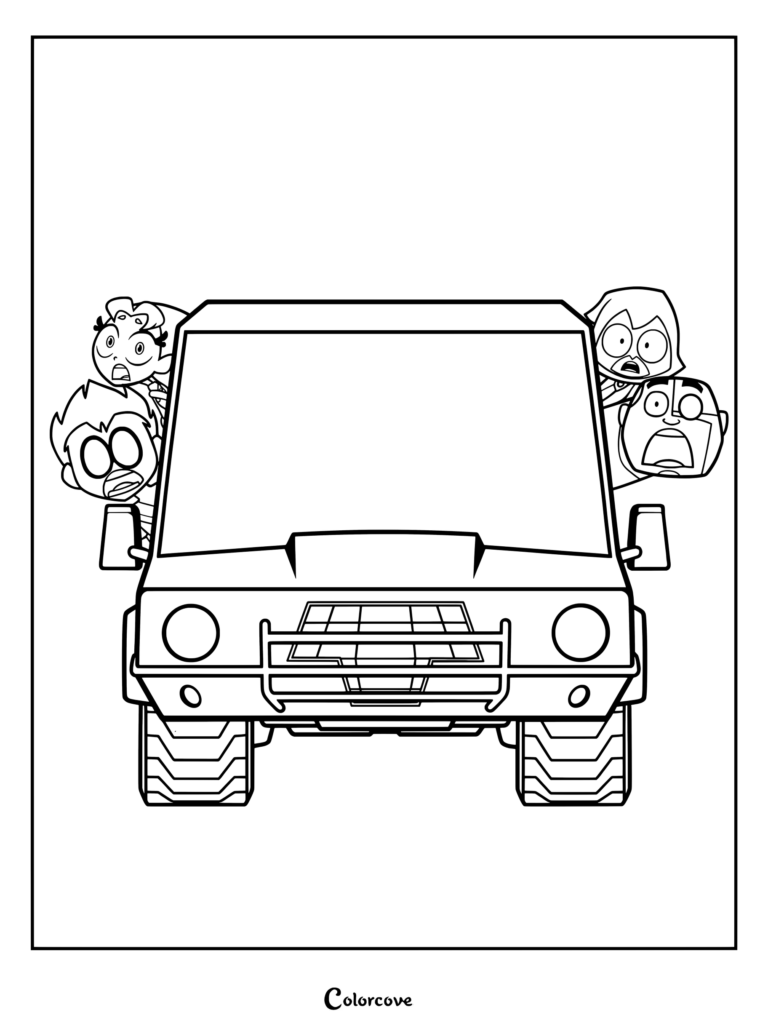 Page de coloriage de Robin, Starfire, Raven et Cyborg de Teen Titans Go! regardant d'un air choqué derrière la T-Car