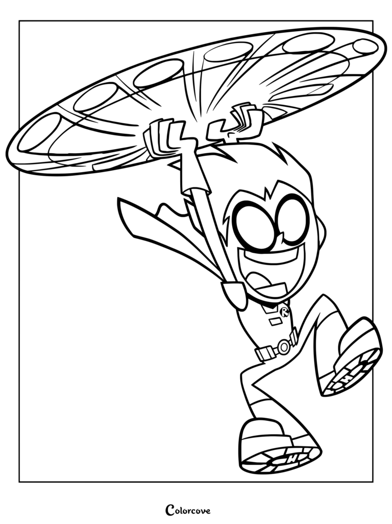 Page de coloriage de Robin, le chef de l'équipe de super-héros dans la série animée Teen Titans Go!, tenant un disque tournoyant au-dessus de sa tête