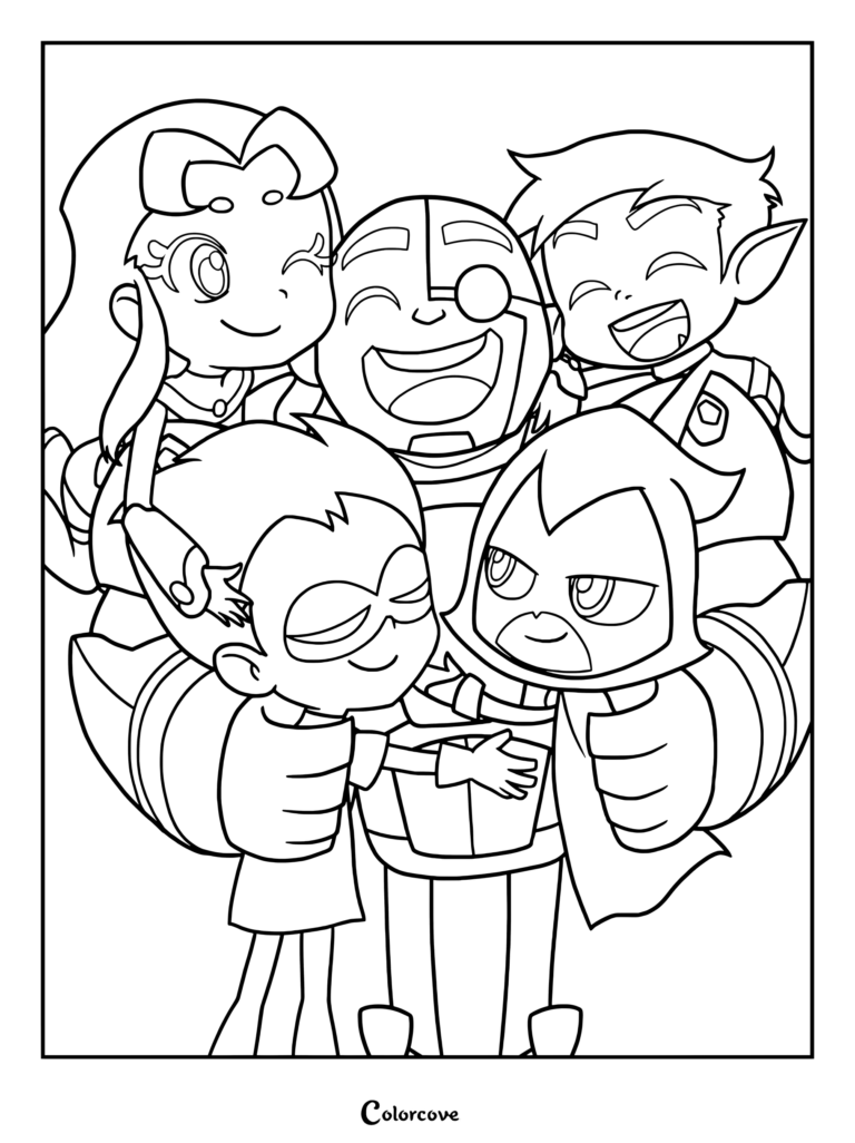 Coloriage à imprimer des personnages chibi de Teen Titans Go! Starfire, Robin, Beast Boy et Raven se faisant un chaleureux câlin de groupe autour de Cyborg.