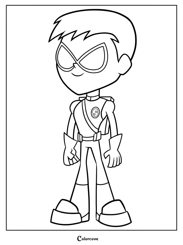 Page de coloriage à imprimer de Speedy Roy Harper de Teen Titans Go!, portant le masque loup emblématique et la morphologie de Robin