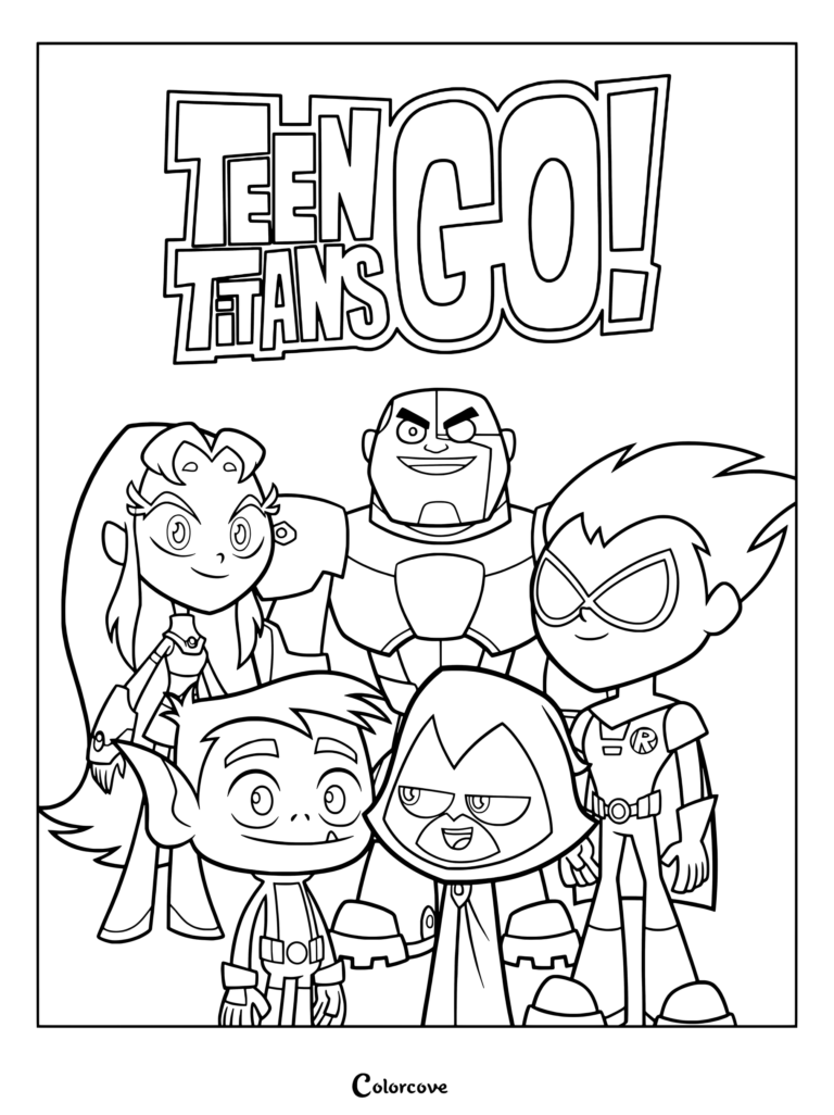 Coloriage au motif circulaire représentant Starfire, Cyborg, Beast Boy, Raven et Robin de Teen Titans Go sur un fond en rayon de soleil de style comic book