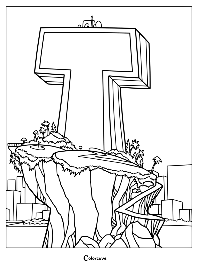 La Tour des Titans, vedette de la série animée Teen Titans Go!, sert de quartier général insulaire emblématique en forme de T pour ce coloriage avec Robin, Cyborg, Starfire, Beast Boy et Raven