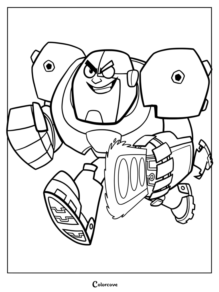 Coloriage à imprimer de Cyborg Victor Stone courant vers l'avant avec un canon phonique