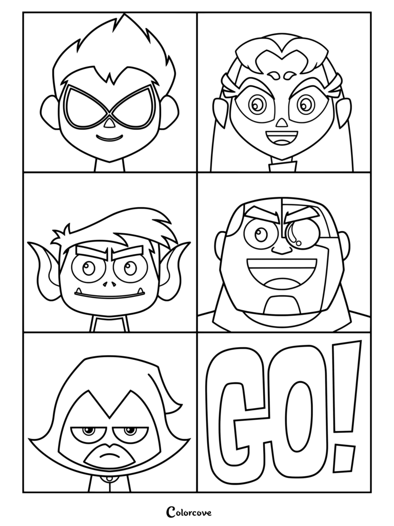 Page de coloriage Teen Titans à imprimer avec Robin, Starfire, Beast Boy, Cyborg et Raven sur des fonds de couleurs vives