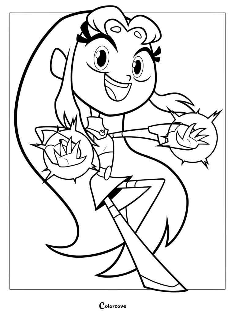 Coloriage de Starfire présentant la super-héroïne en posture dynamique, flottant et tirant des rafales d'énergie des deux mains