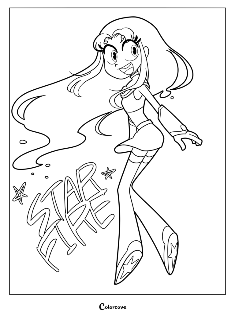 Coloriage de Starfire flottant avec ses longs cheveux à côté du texte Starfire