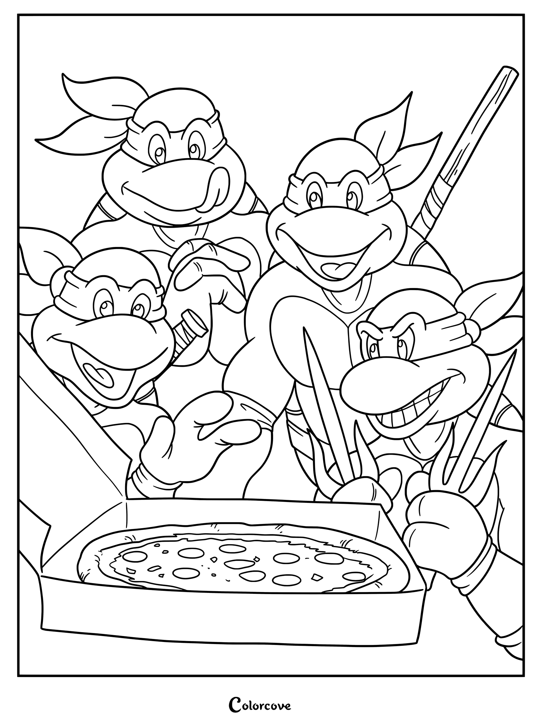 Página para colorear de Leonardo, Michelangelo, Donatello y Rafael de Las Tortugas Ninja reunidos alrededor de una caja de pizza recién hecha.