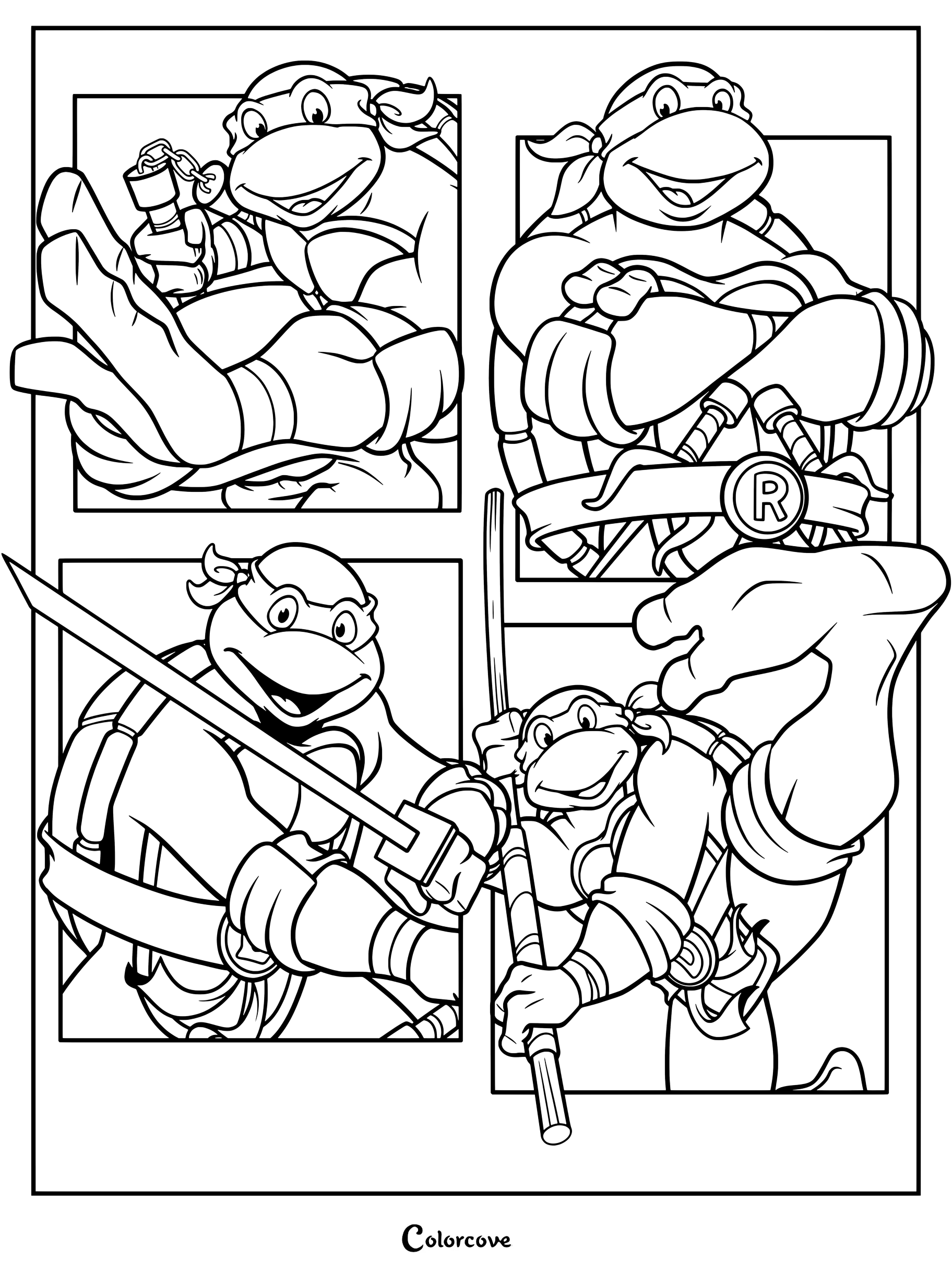 Página para colorear de cuatro viñetas de Las Tortugas Ninja con Leonardo, Rafael, Donatello y Michelangelo en poses de acción.