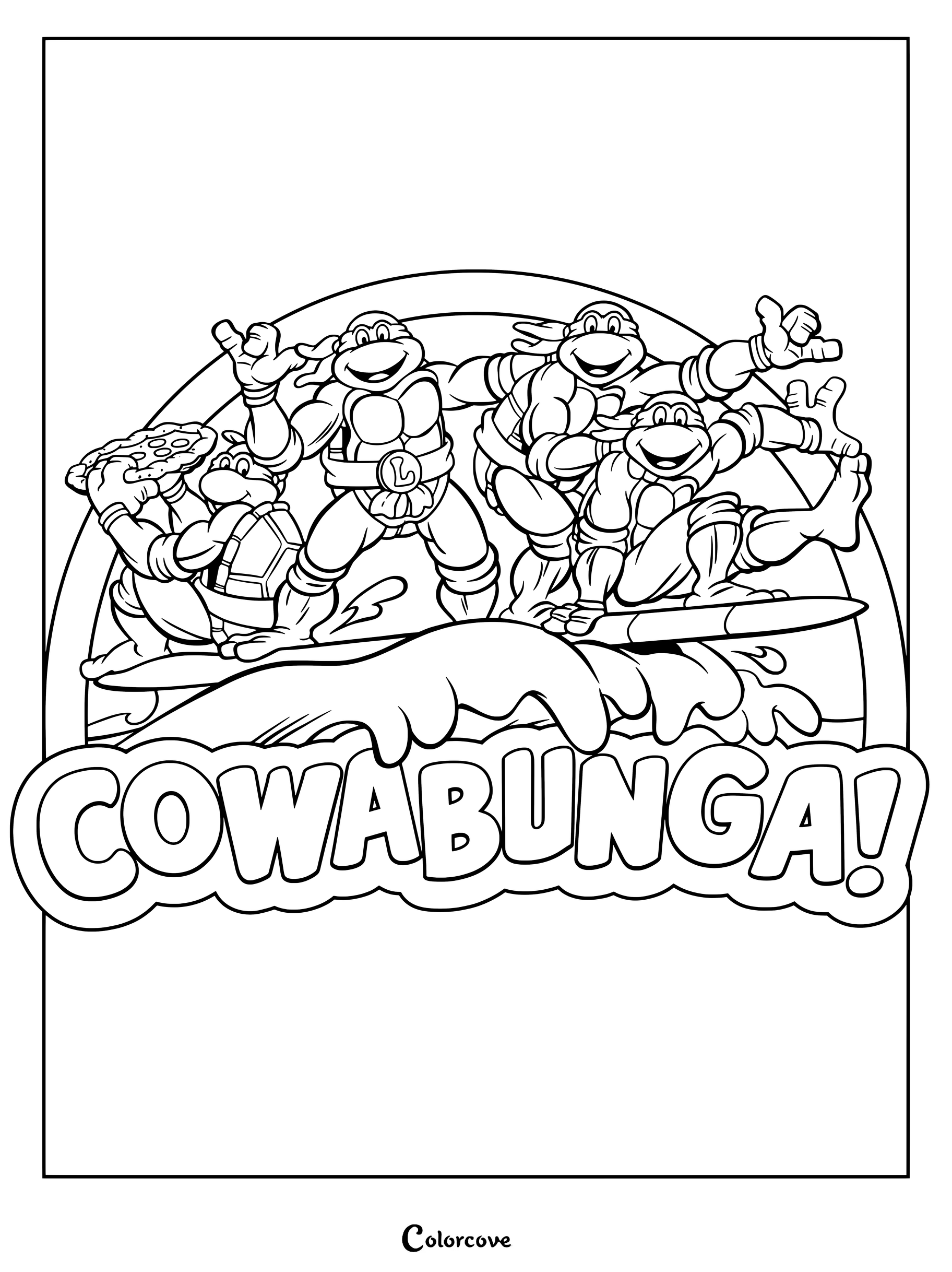 Página para colorear de Leonardo, Michelangelo, Donatello y Rafael de Las Tortugas Ninja haciendo surf en una ola con una porción de pizza y el texto «Cowabunga».