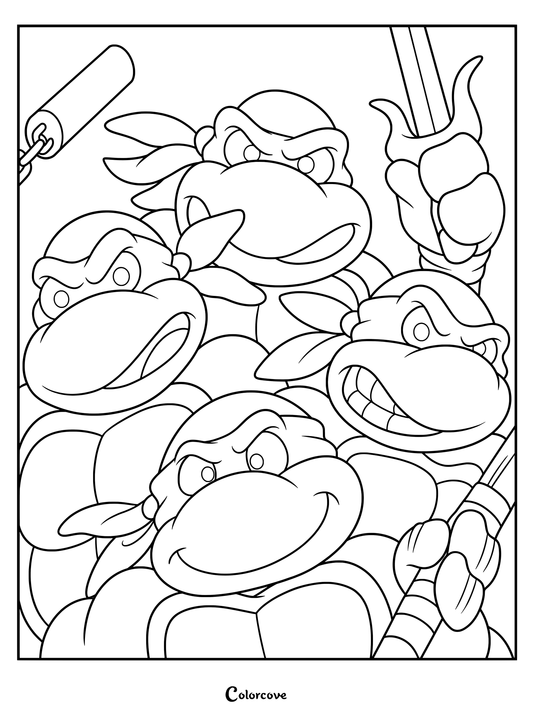 Página para colorear del equipo de Las Tortugas Ninja con Leonardo, Michelangelo, Donatello y Rafael sosteniendo sus armas emblemáticas.