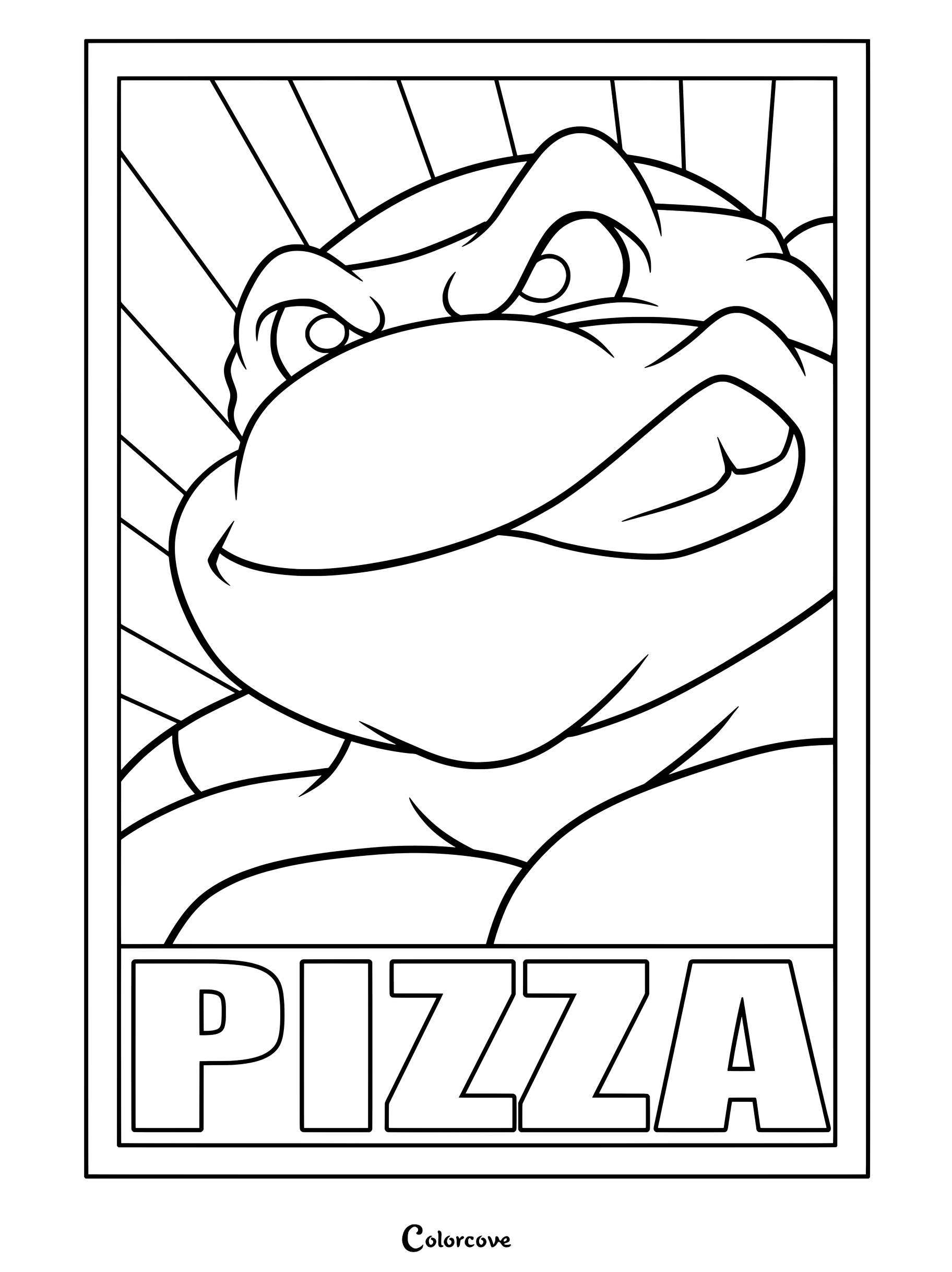 Página para colorear imprimible en primer plano de Michelangelo de Las Tortugas Ninja sonriendo sobre la palabra pizza con un fondo de destellos.