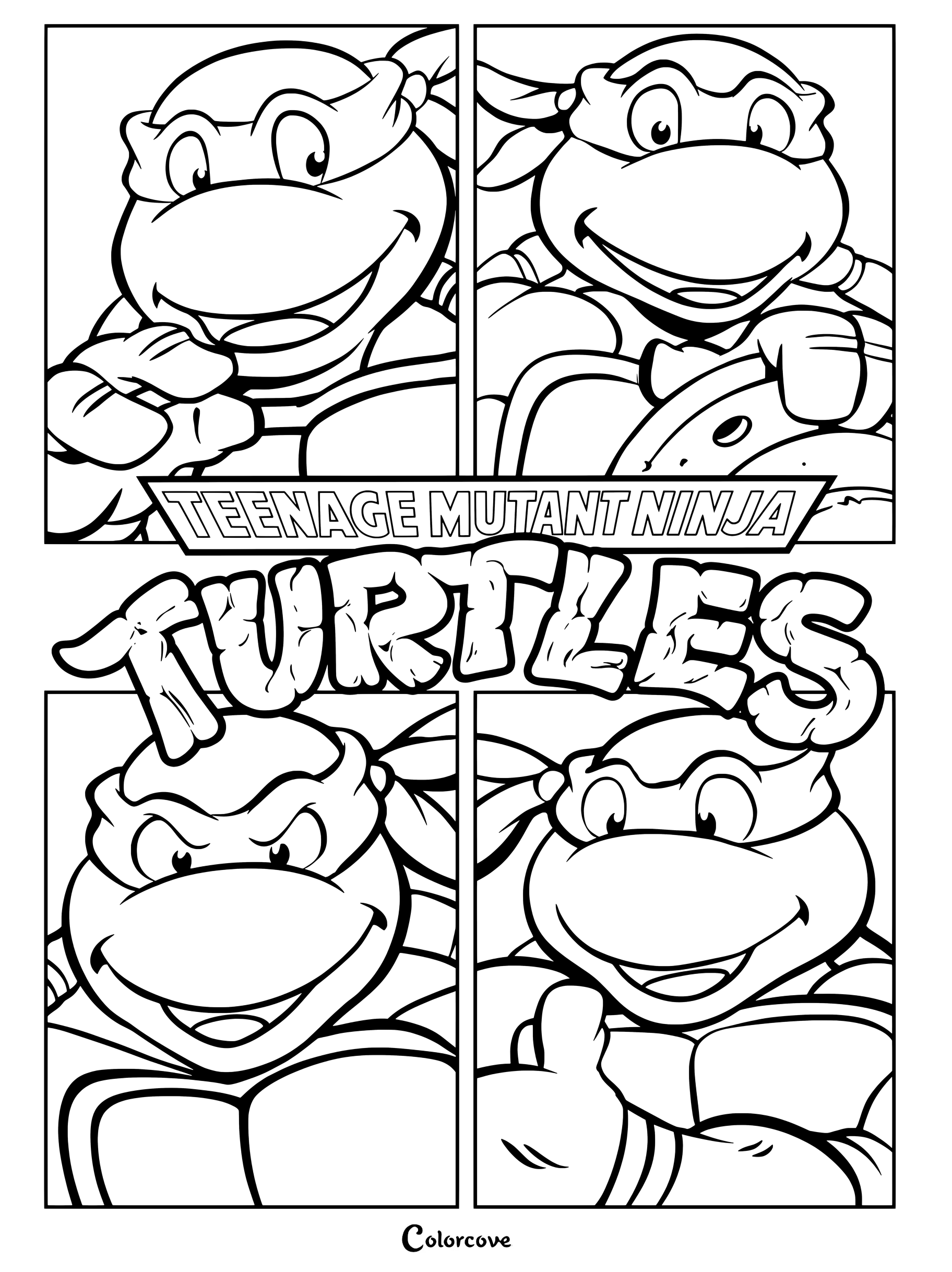 Leonardo, Donatello, Rafael y Michelangelo mostrados en cuatro paneles separados en una página para colorear de Las Tortugas Ninja.