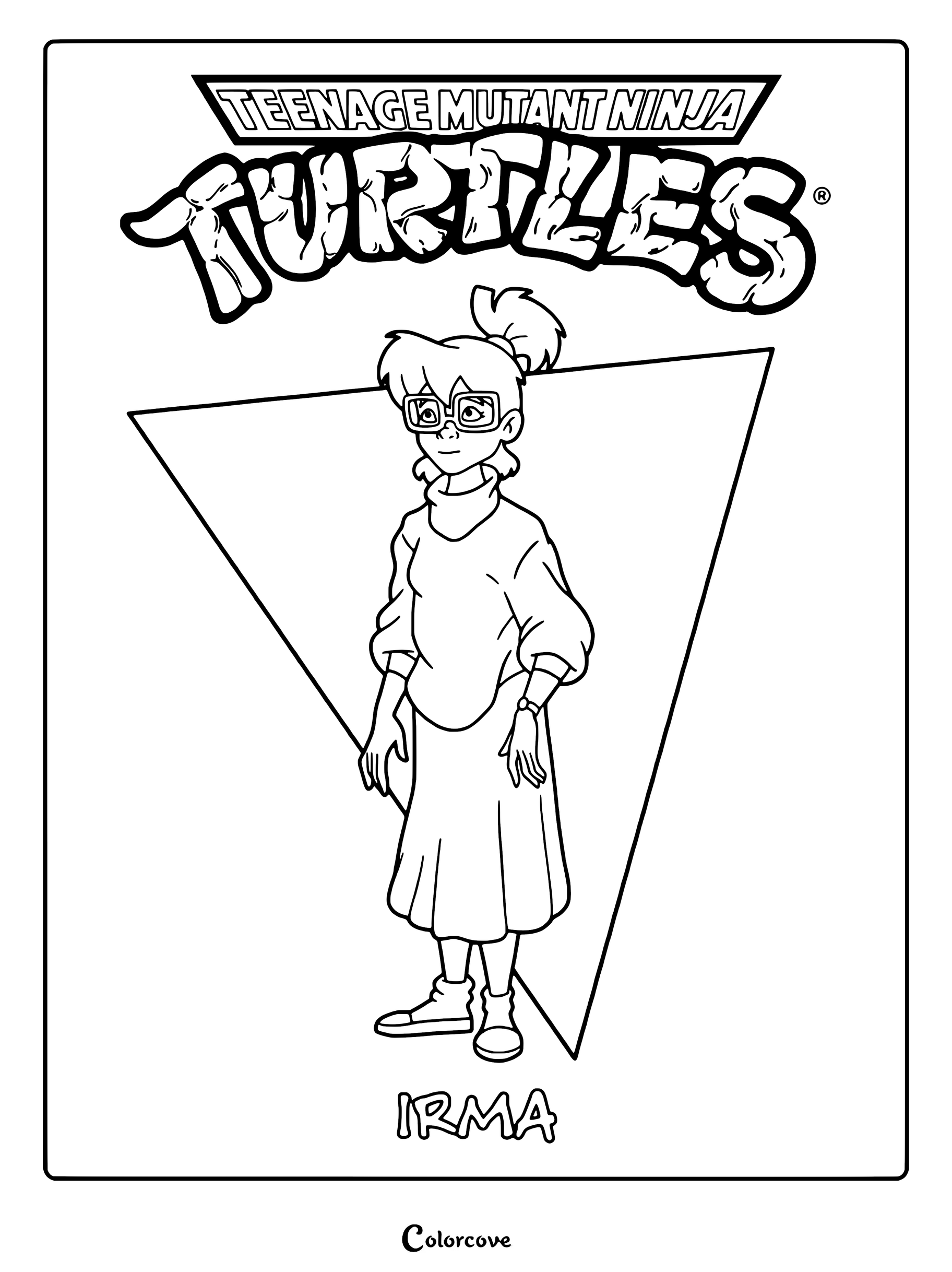 Página para colorear imprimible de Irma de Las Tortugas Ninja con gafas y suéter
