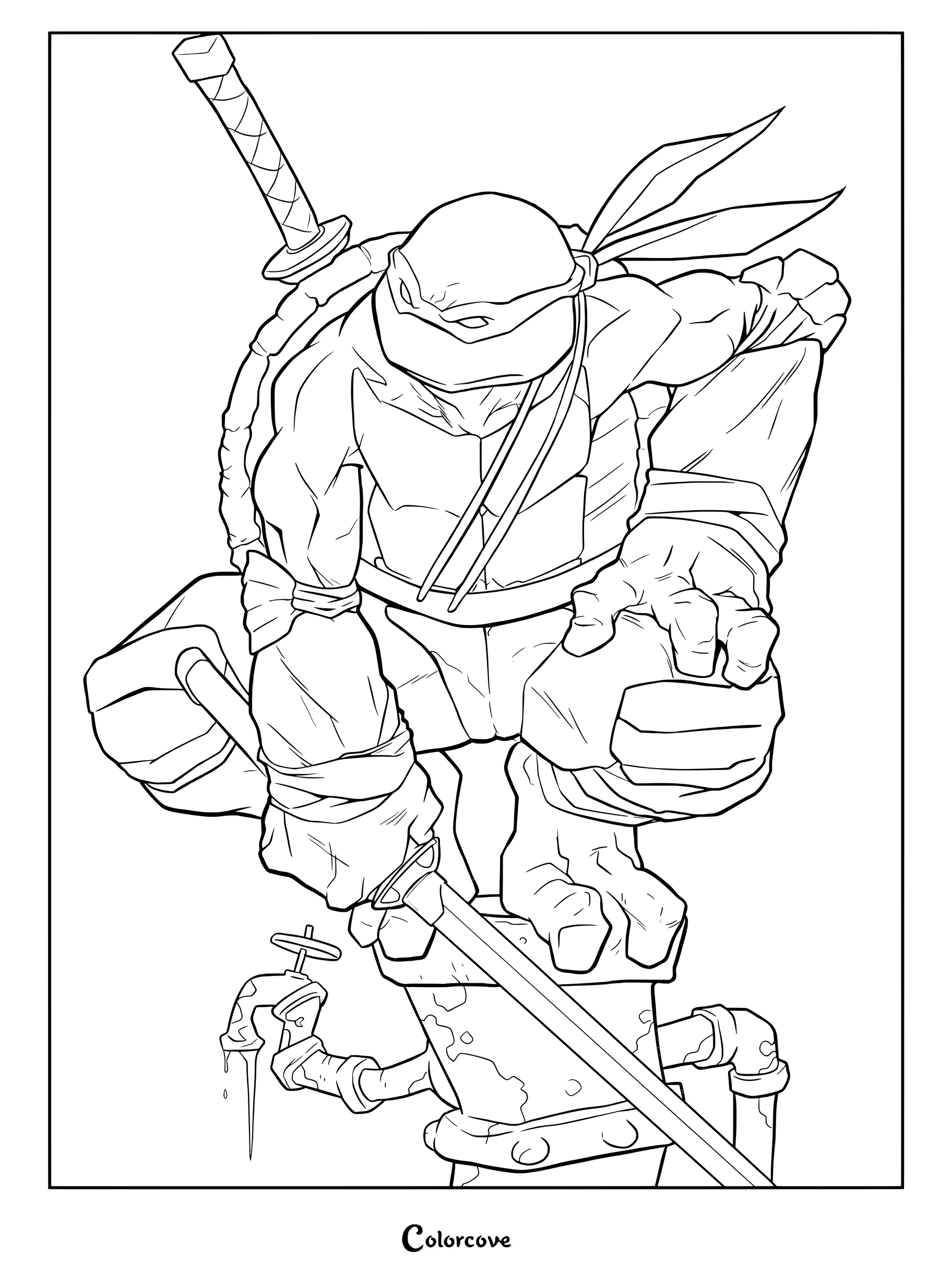Página para colorear de Leonardo agachado sobre una tubería con su katana.