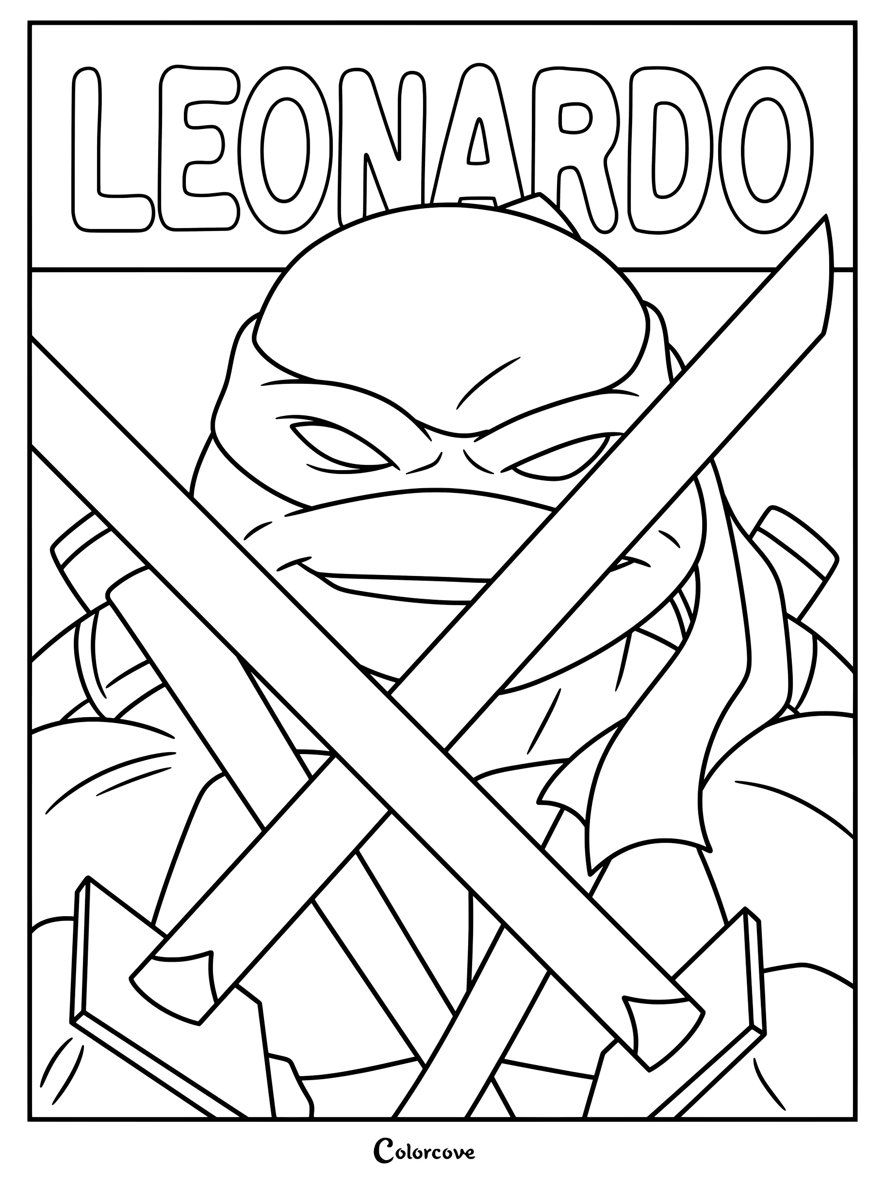 Página para colorear de Leonardo, el líder de Las Tortugas Ninja, sosteniendo espadas cruzadas.