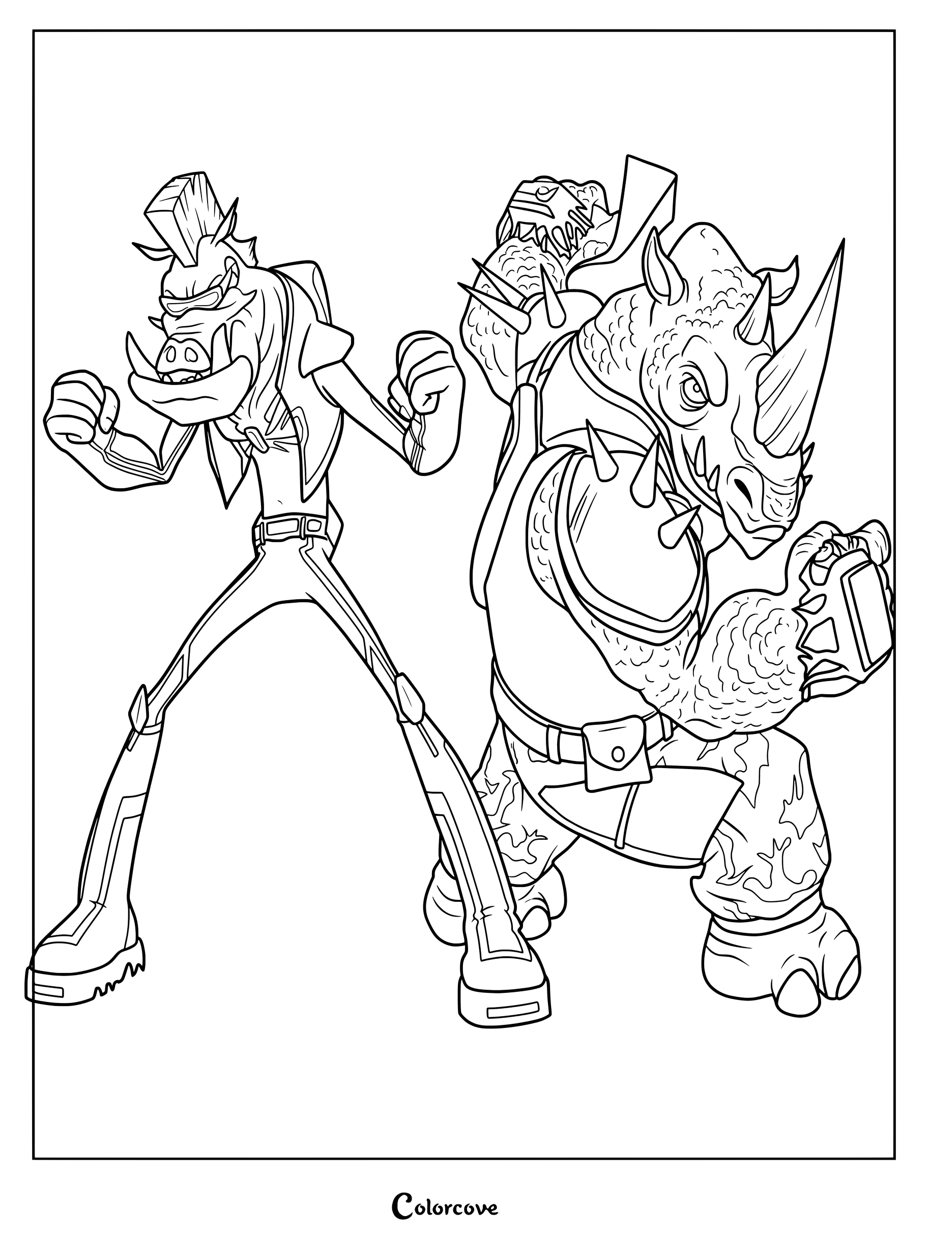 Dibujo lineal para colorear de Bebop y Rocksteady juntos y listos para la batalla