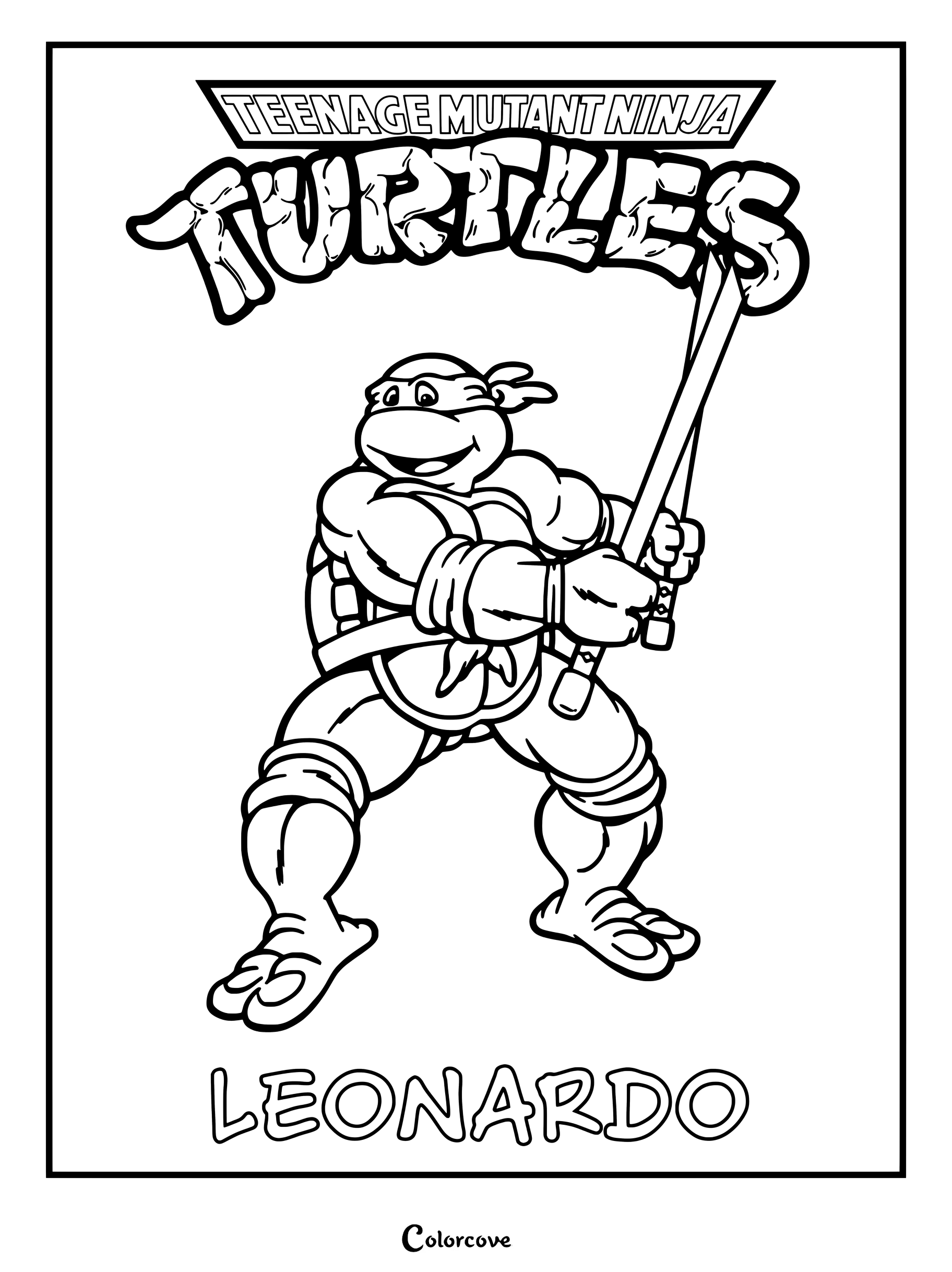 Página para colorear de Leonardo sosteniendo dos katanas bajo el logotipo de Las Tortugas Ninja.