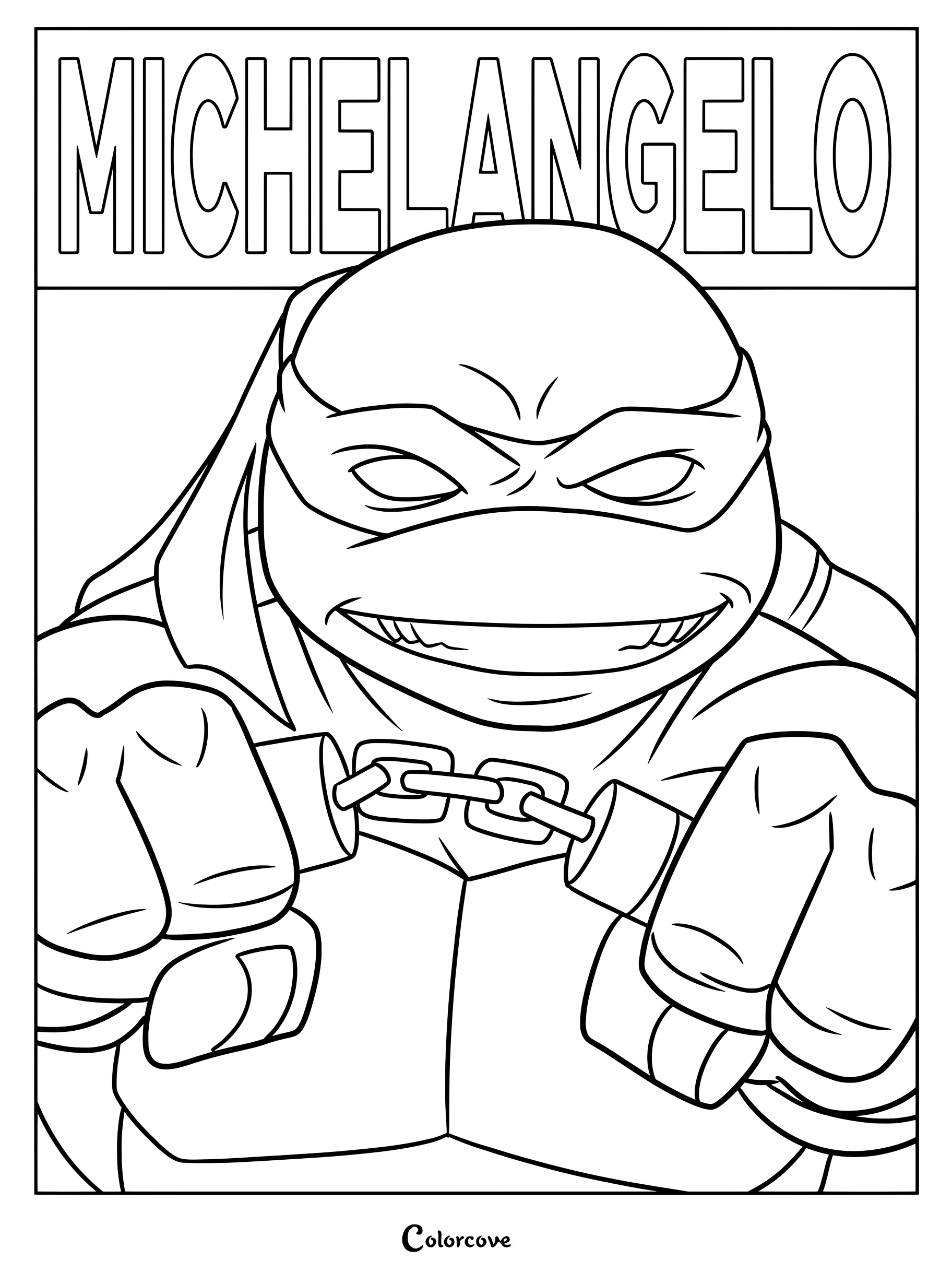 Página para colorear de Michelangelo sosteniendo sus nunchakus en una pose dinámica.