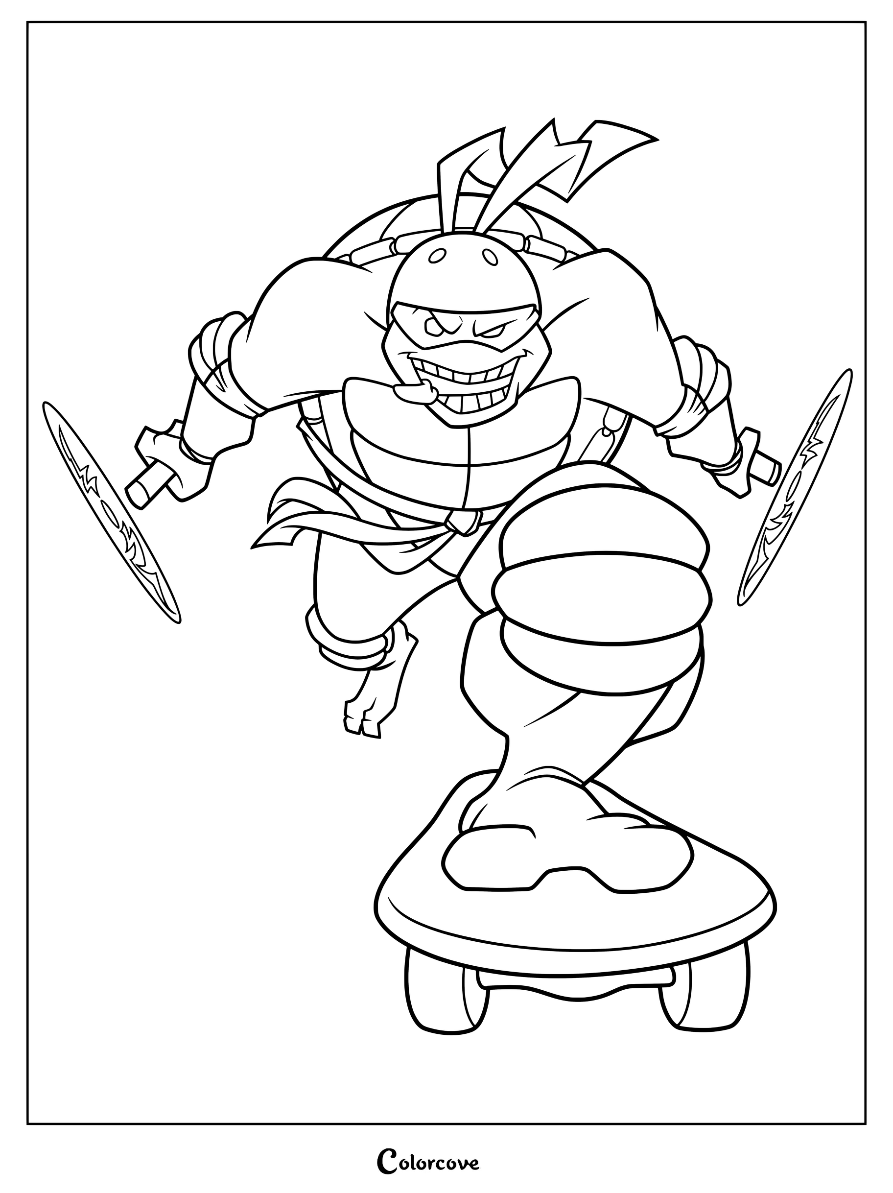 Página para colorear de Michelangelo de la serie de 2003 de Las Tortugas Ninja montando en monopatín y sosteniendo sus nunchakus.