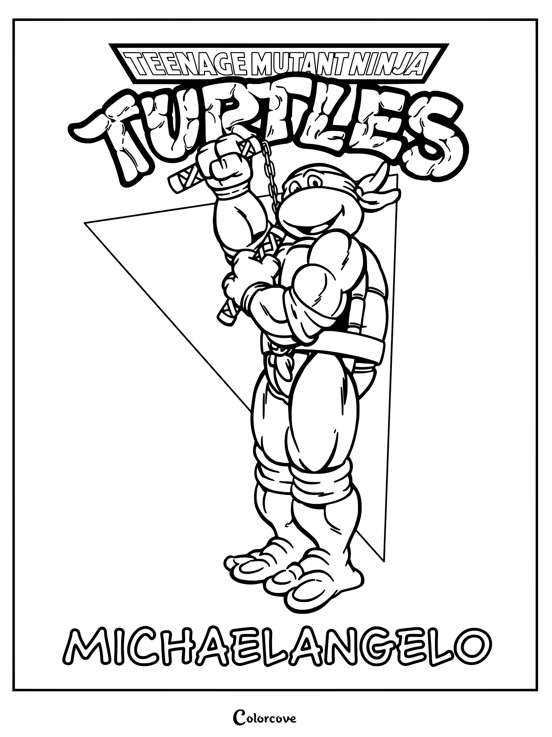 Página para colorear de Michelangelo sosteniendo sus nunchakus en una imagen de Las Tortugas Ninja.