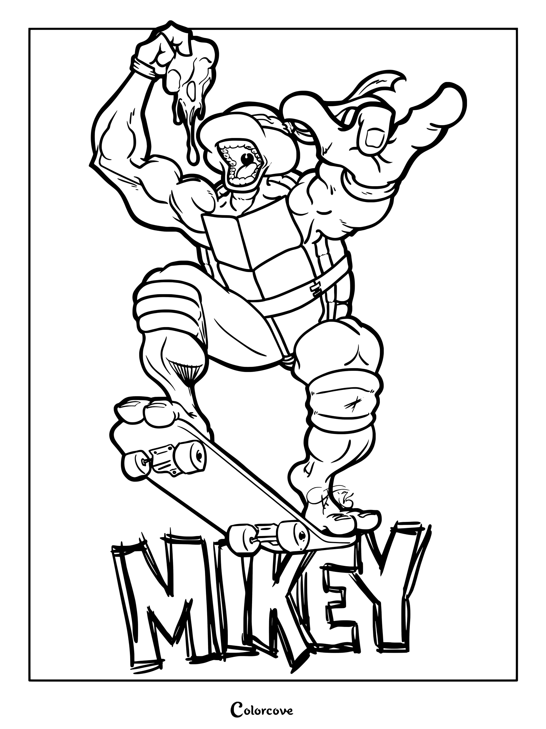 Página para colorear de Mikey de Las Tortugas Ninja montando en monopatín mientras sostiene una porción de pizza chorreante.