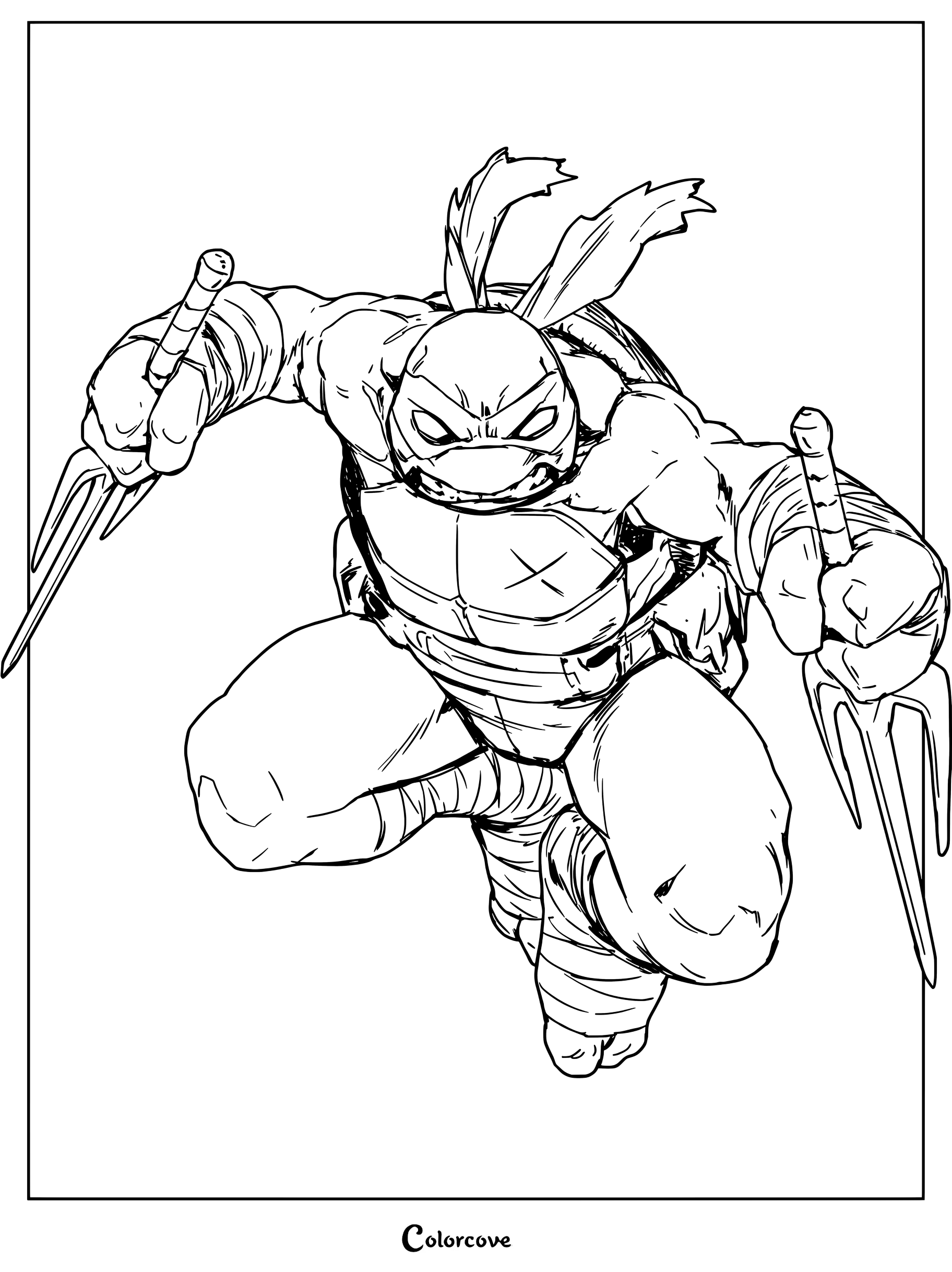 Página para colorear de Rafael de Las Tortugas Ninja blandiendo sus dos sai en un combate dinámico.