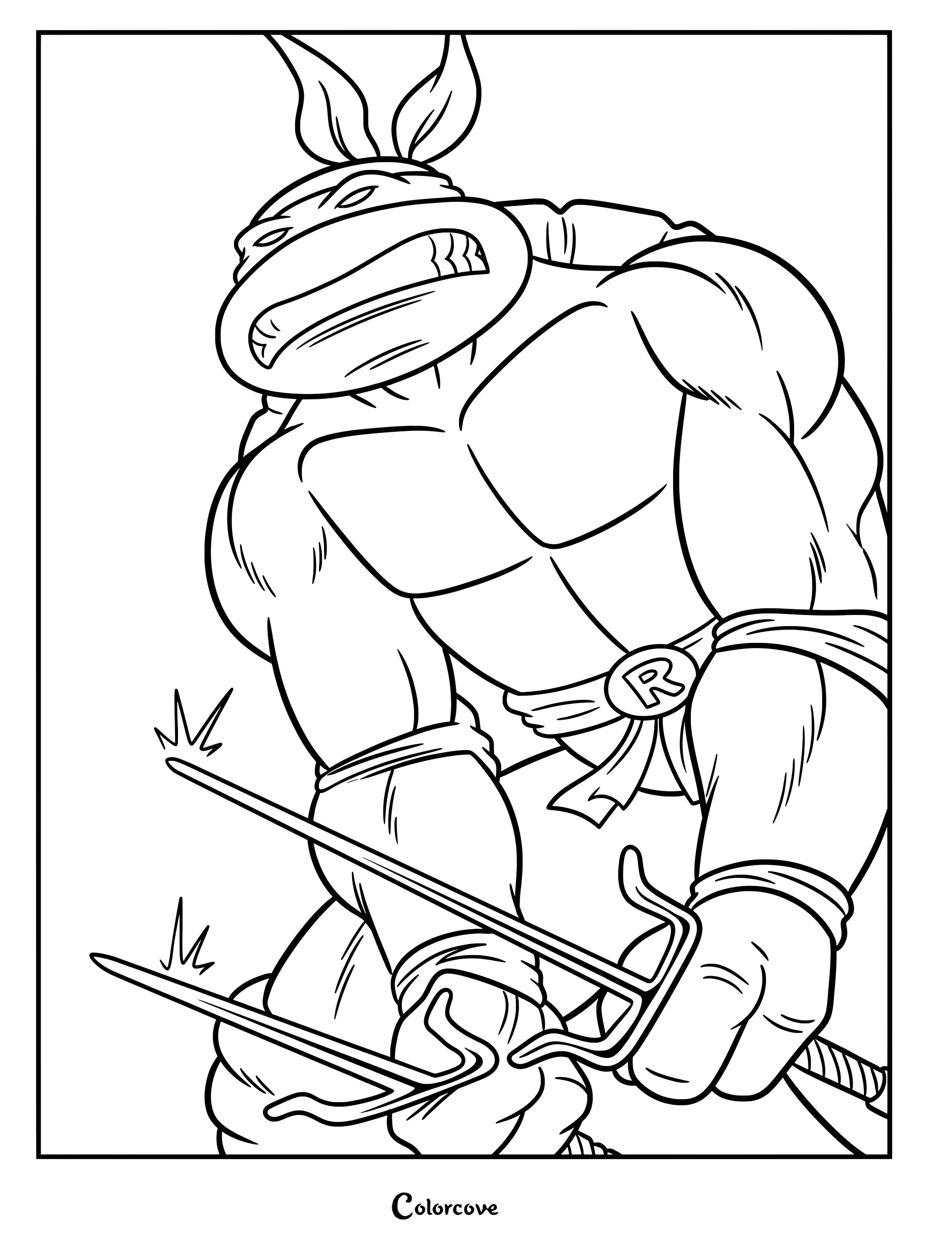 Página para colorear de Rafael sosteniendo sus armas sai características.
