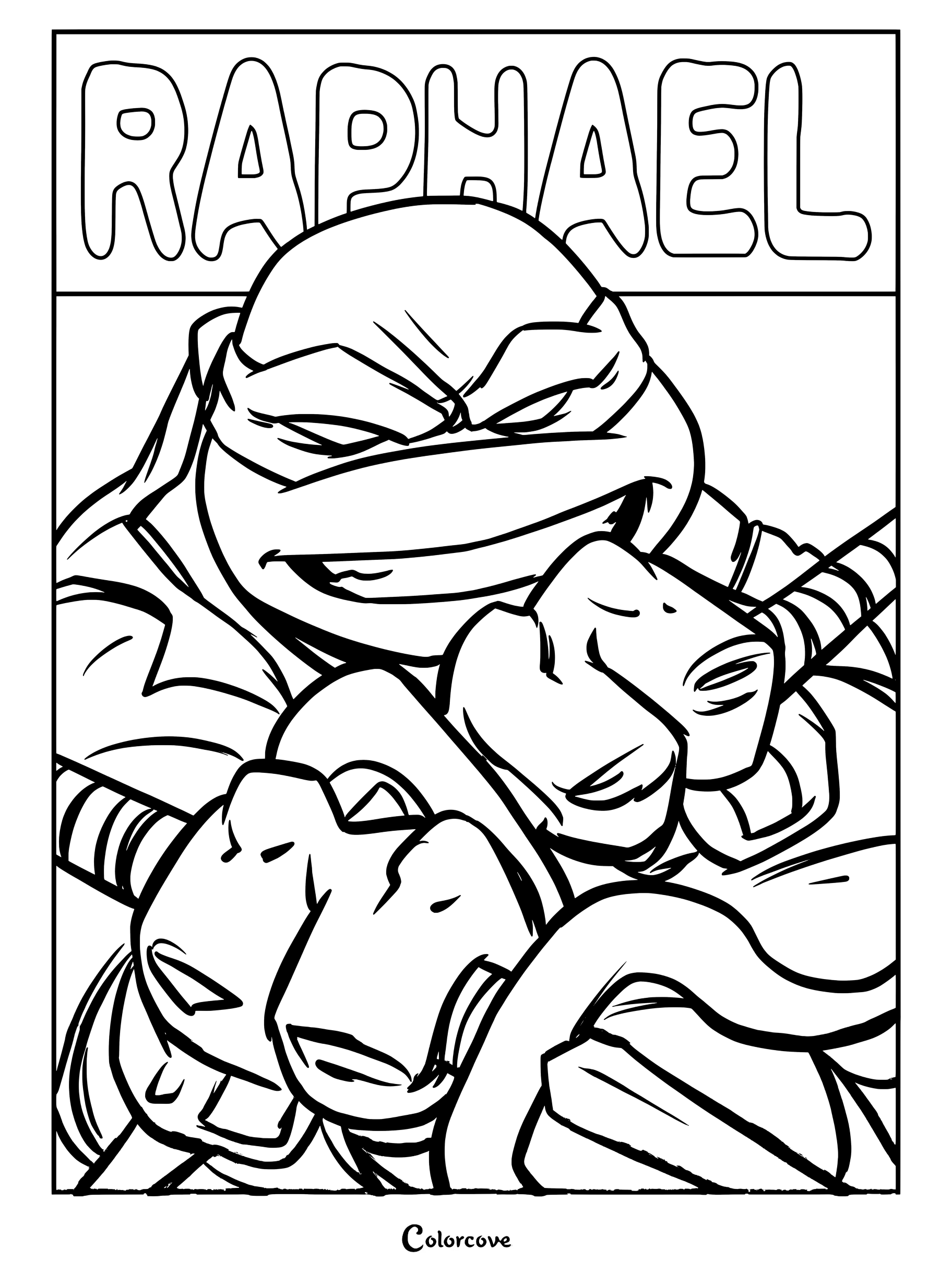 Página para colorear de Rafael con el intenso ninja sosteniendo sus armas sai y su nombre en la parte superior.