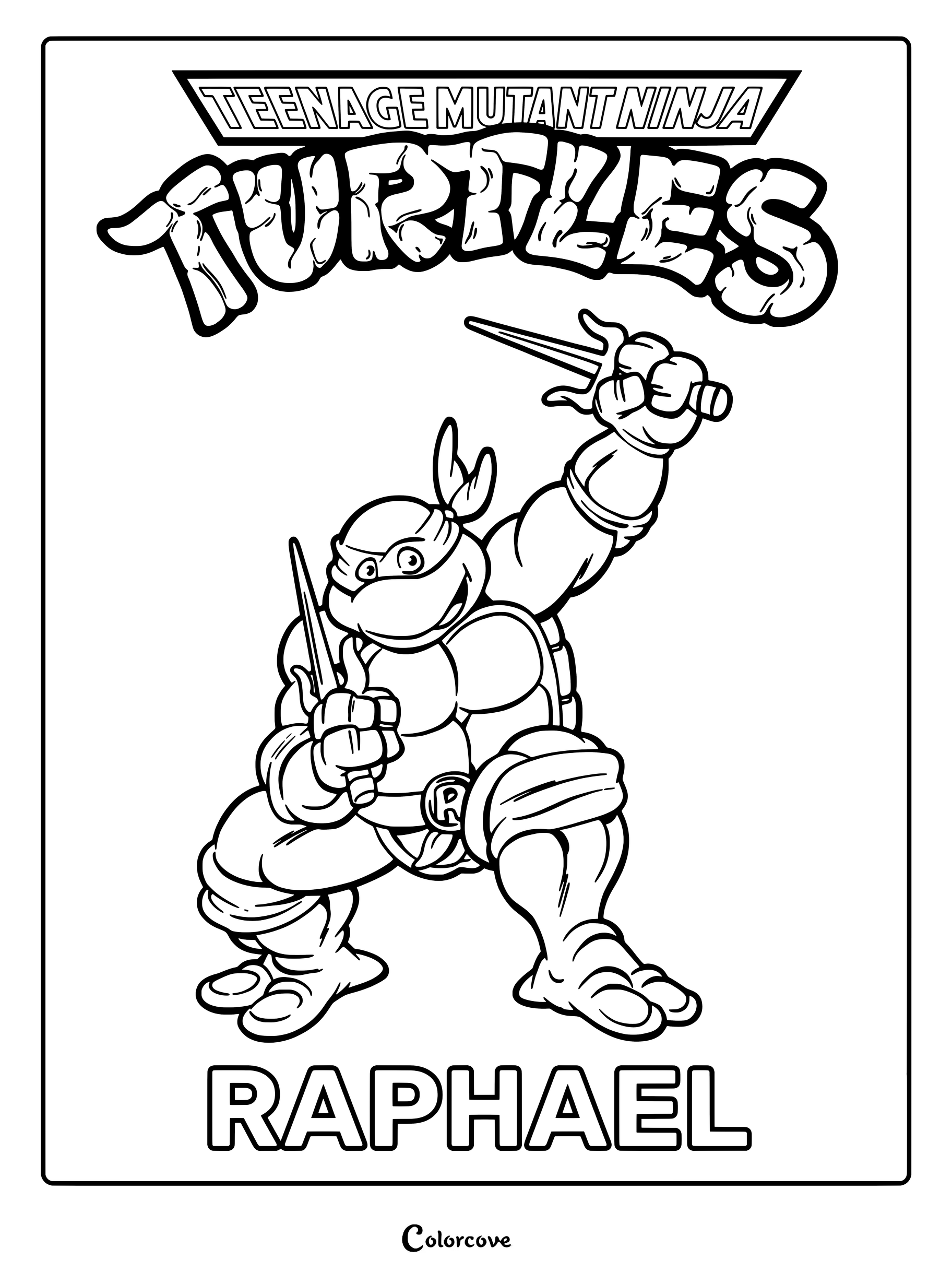 Página para colorear imprimible de Rafael sosteniendo sus dagas sai dobles en postura de combate.