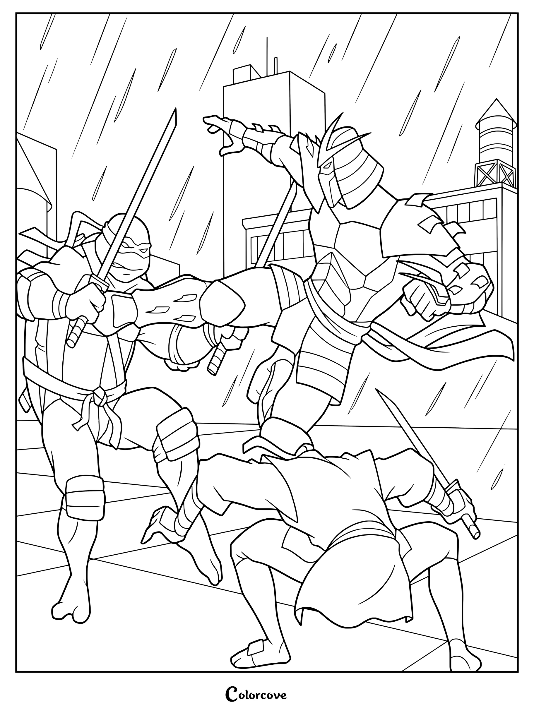 Dibujo para colorear del episodio 10 de Las Tortugas Ninja, El ataque de Shredder parte 1, con una batalla en la azotea bajo la lluvia