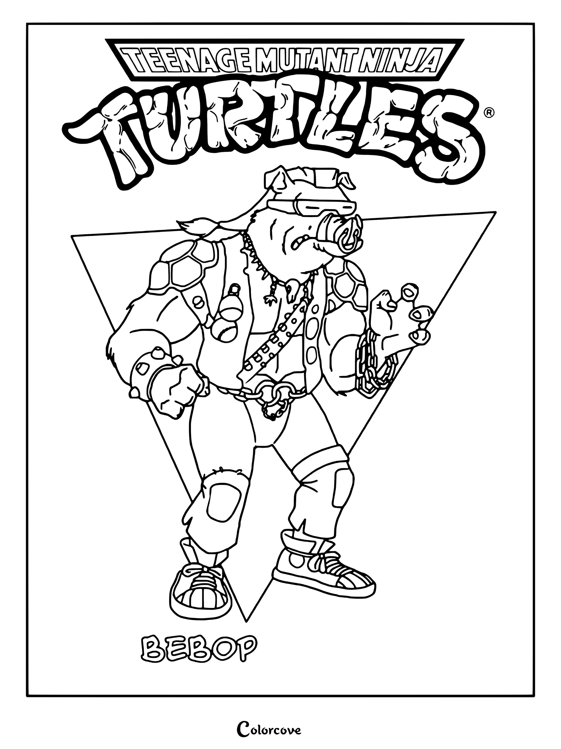 Página para colorear imprimible de Bebop de Las Tortugas Ninja con el villano con indumentaria de púas