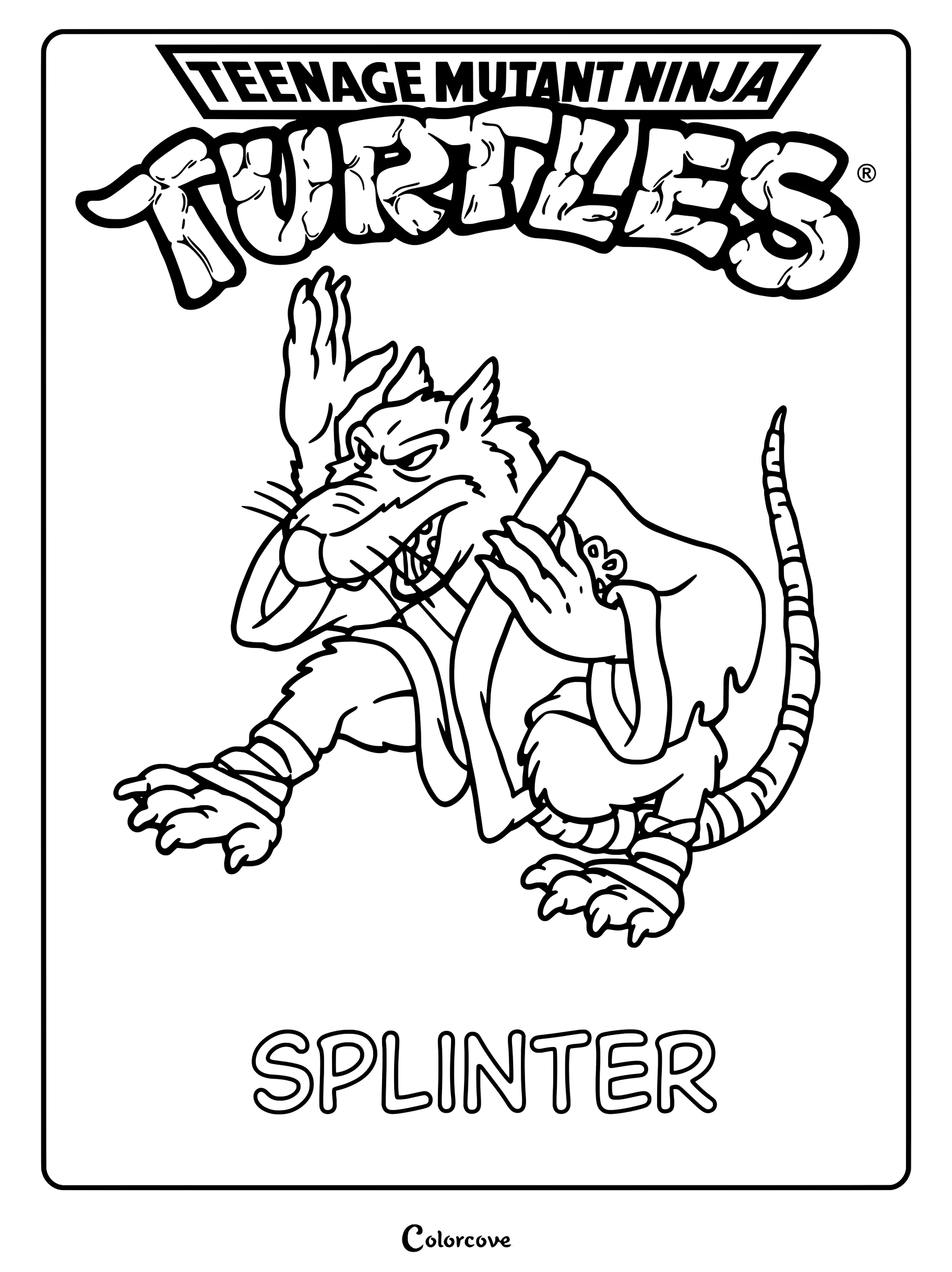 Página para colorear del Maestro Splinter de Las Tortugas Ninja en una pose de artes marciales.