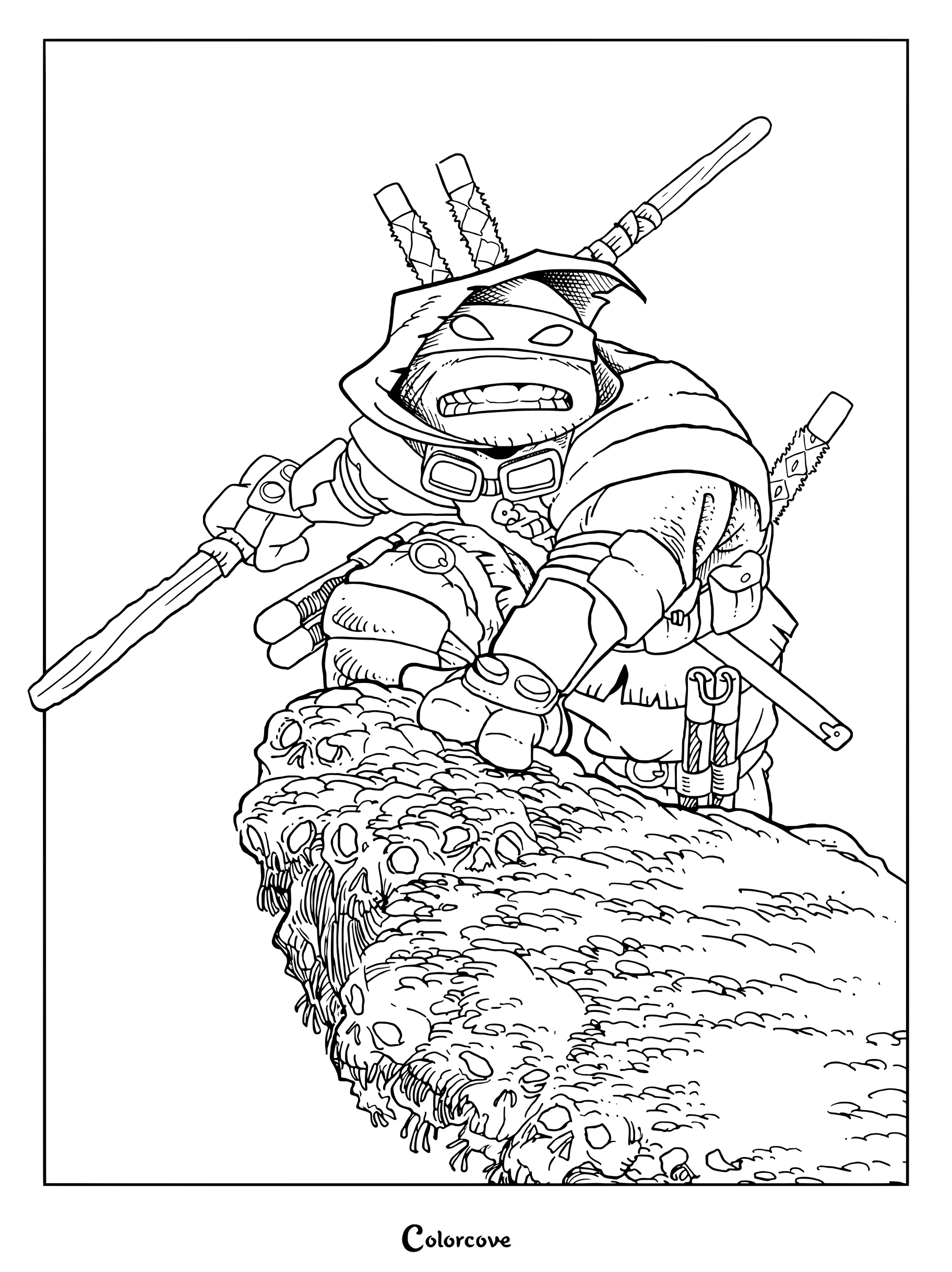 Dibujo para colorear de El Último Ronin con una capa con capucha y empuñando varias armas en un afloramiento rocoso