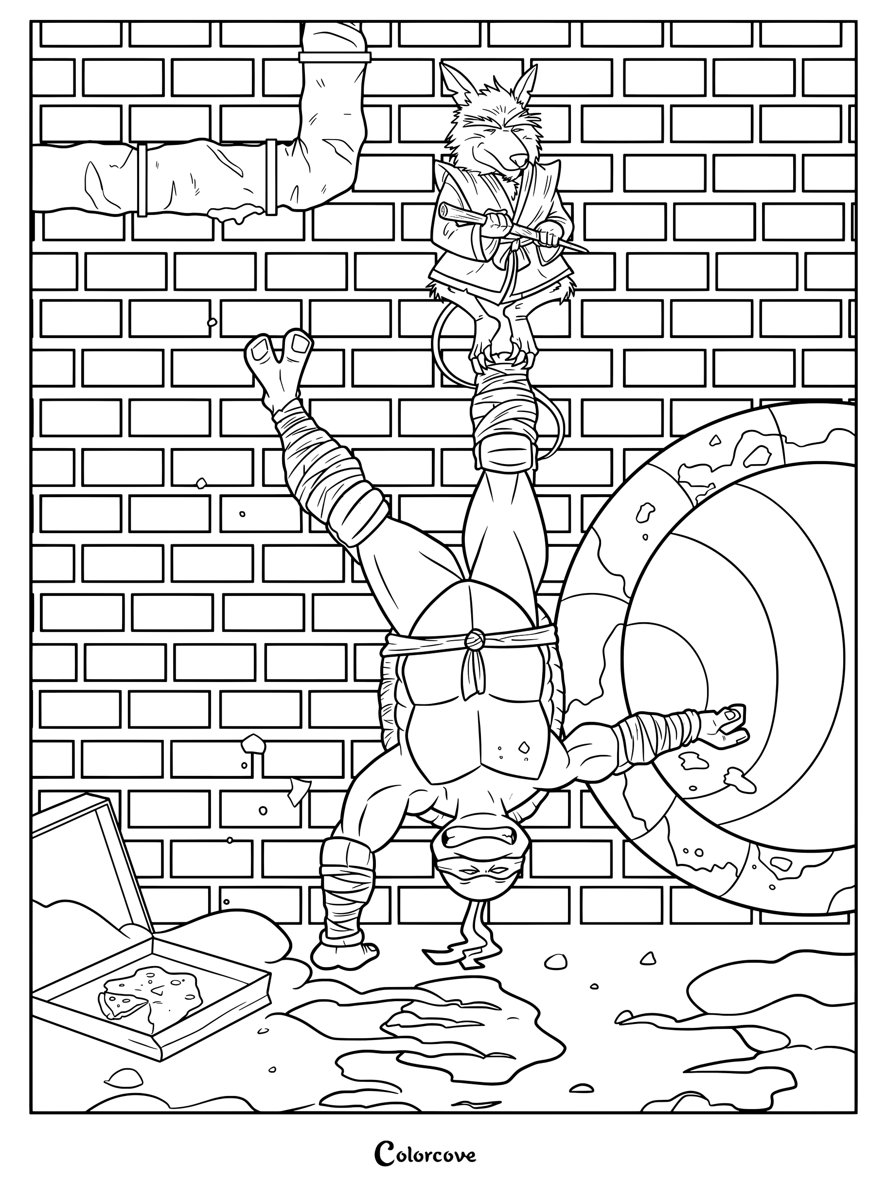Página para colorear imprimible de Leonardo haciendo el pino mientras el Maestro Splinter se mantiene sobre sus pies.