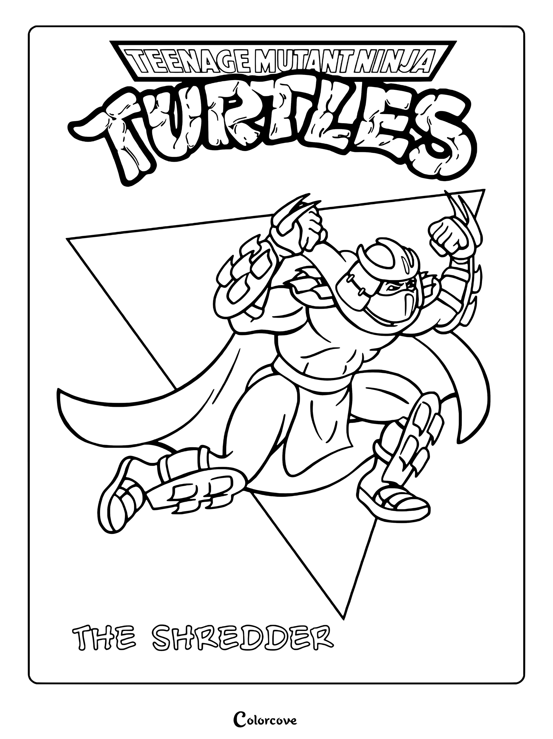 Página para colorear imprimible de Shredder en una postura de combate dinámica con armadura con púas.
