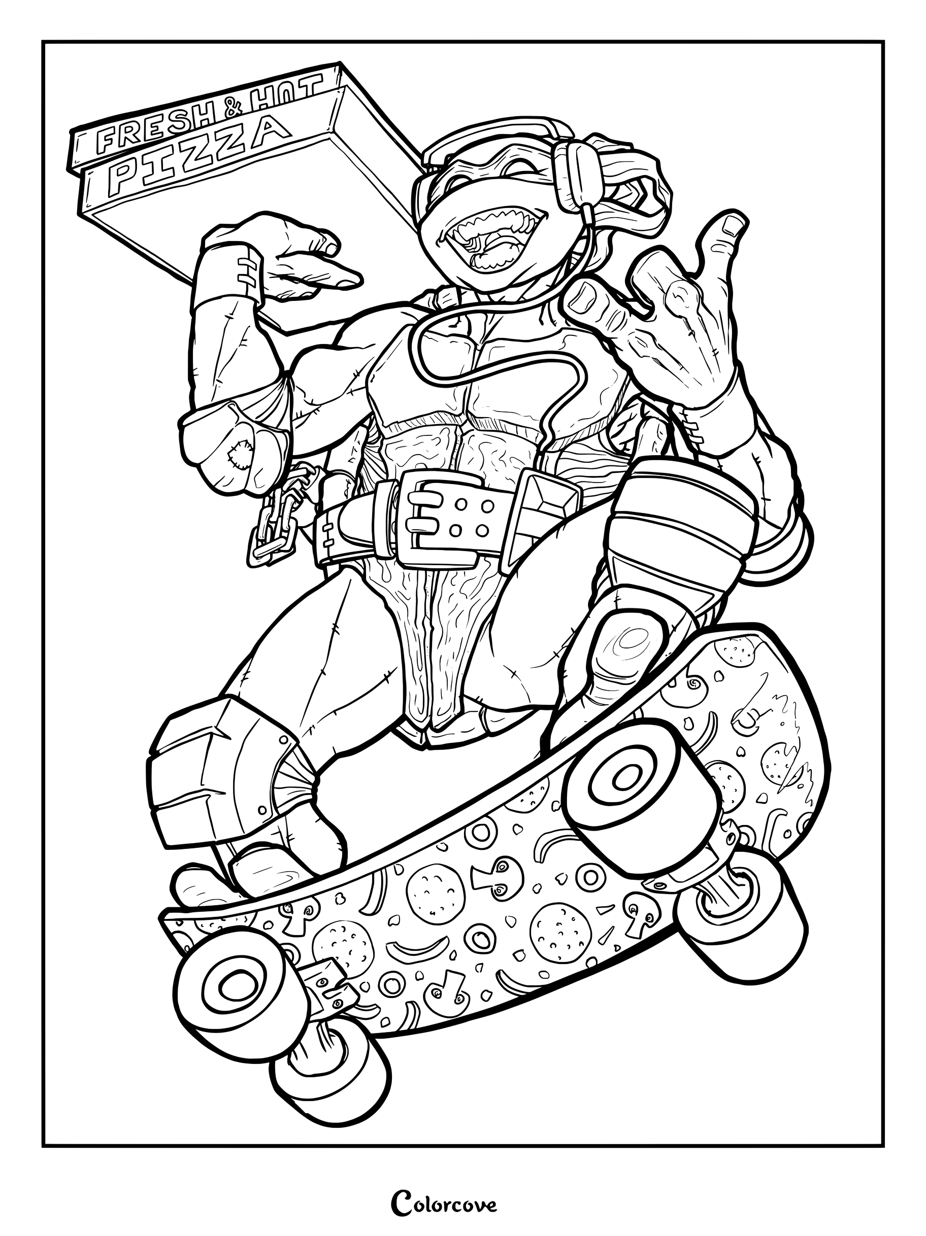 Página para colorear de Michelangelo de Las Tortugas Ninja con auriculares naranjas y montando en un monopatín con temática de pizza.