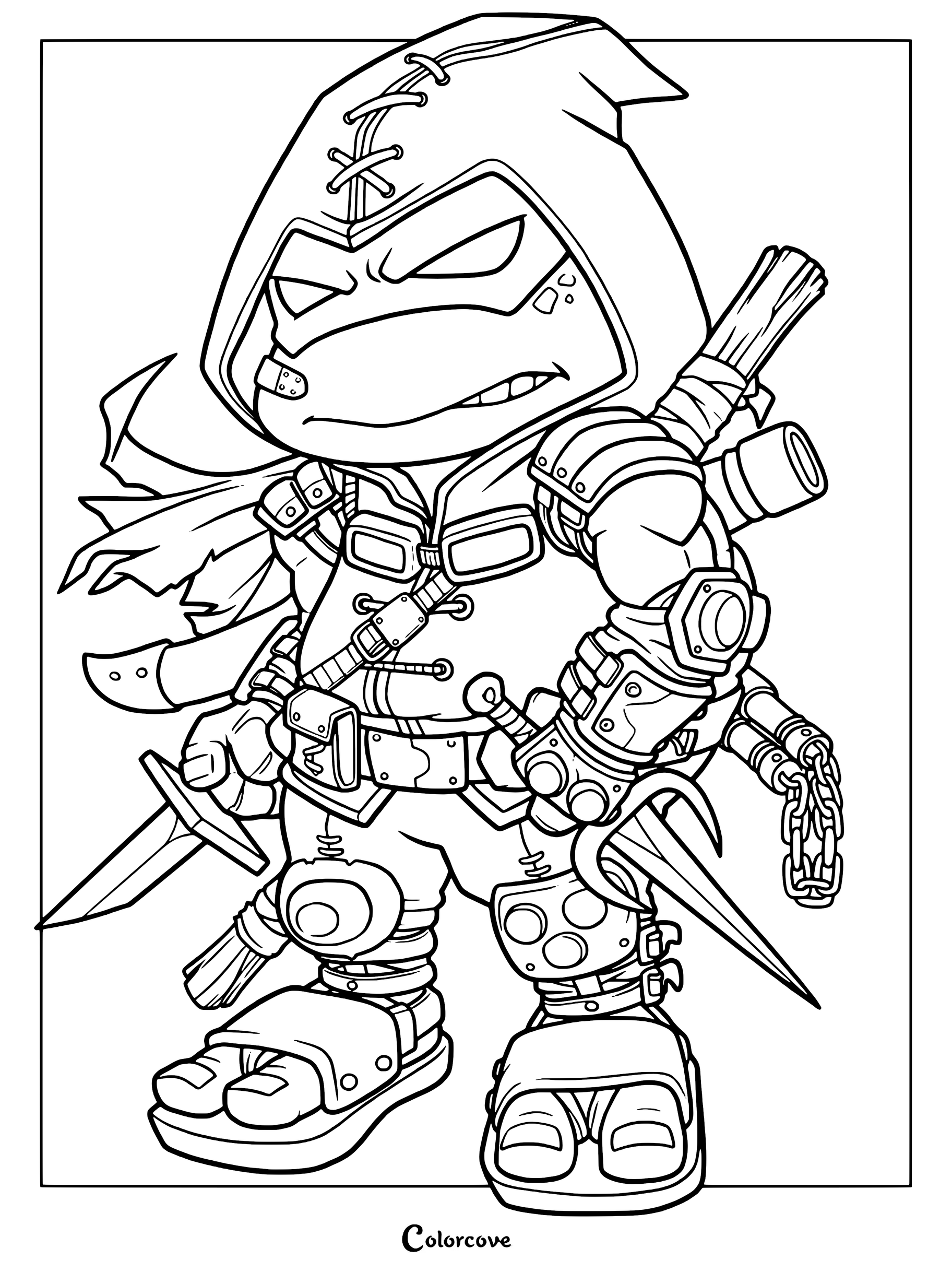 Dibujo para colorear de una versión chibi estilizada de El Último Ronin de la franquicia de Las Tortugas Ninja