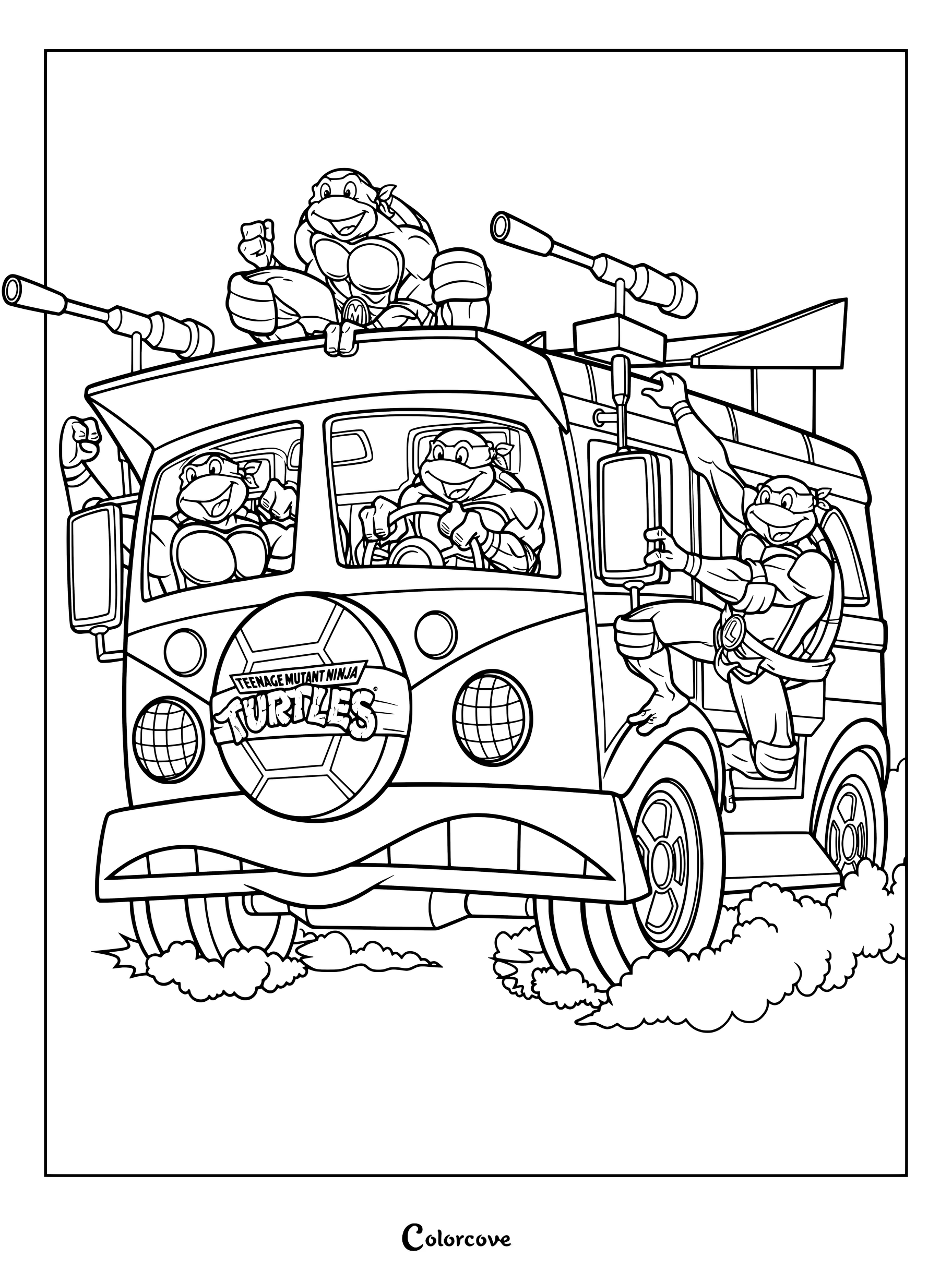Página para colorear de Las Tortugas Ninja viajando dentro y encima de su Furgoneta Tortuga