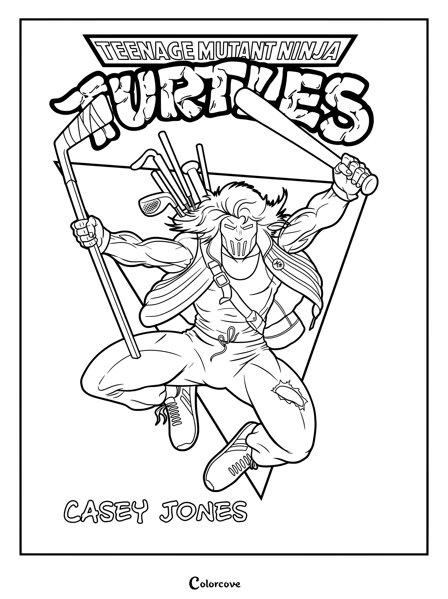 Dibujo para colorear de Casey Jones con máscara de hockey y sosteniendo equipo deportivo